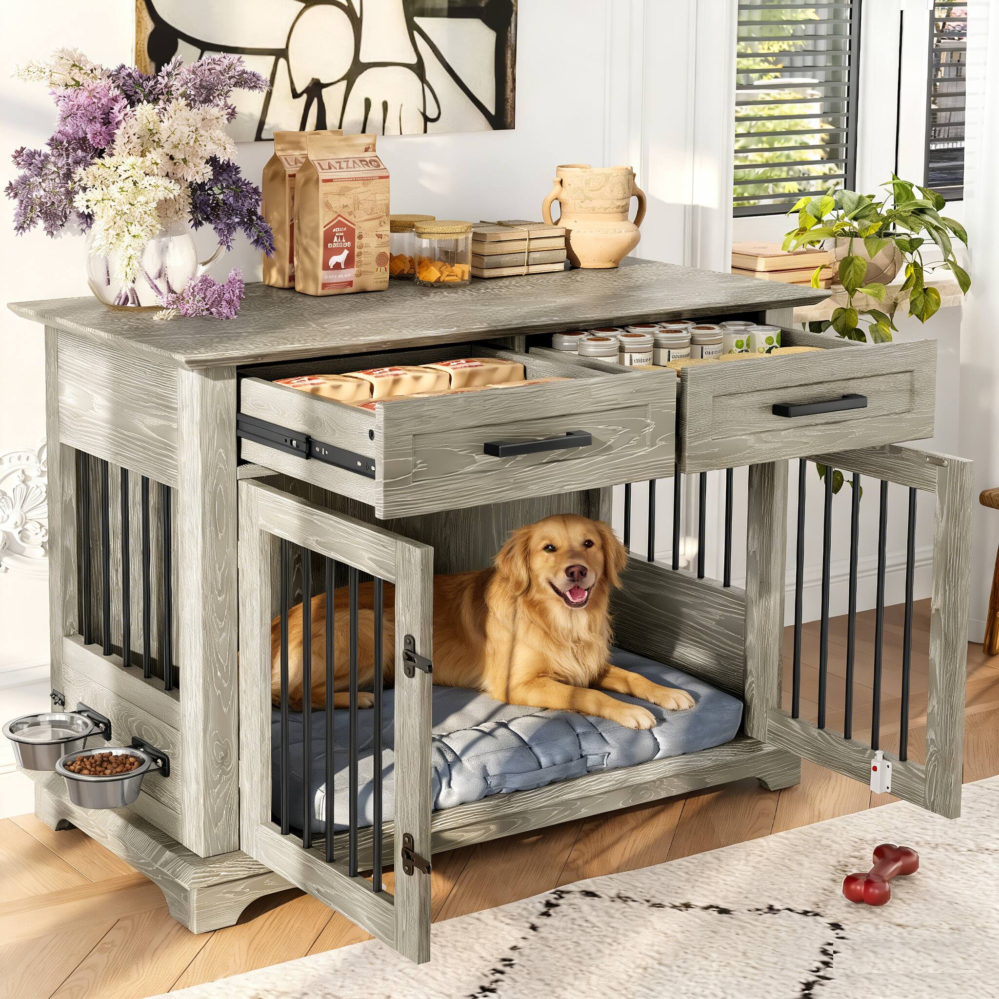 Angle. Runesay - 44.48in Gray Large Indoor Wooden Dog Crate Kennel Furniture House End Table with 2 Storage Drawers.
