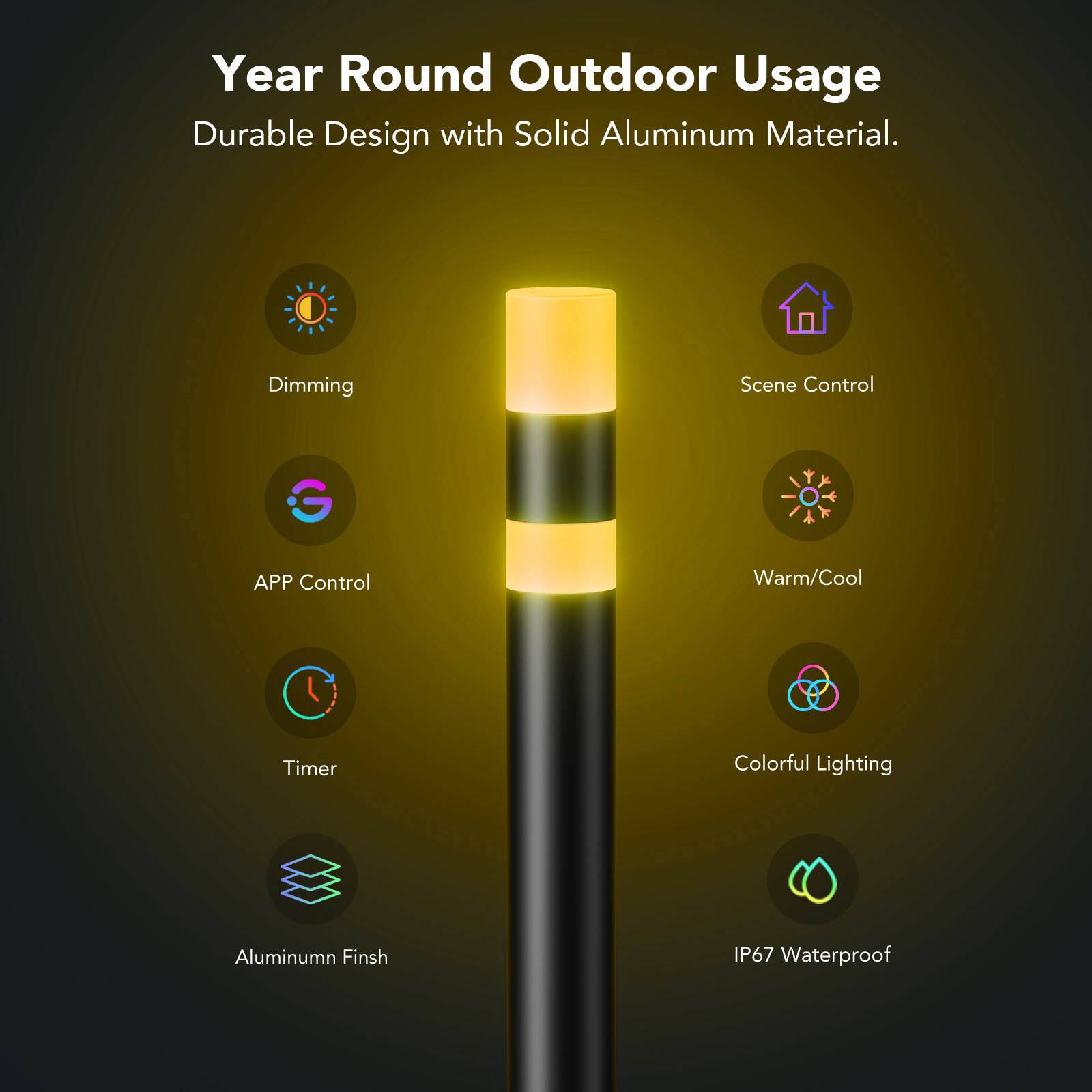 Year Round Outdoor Usage Durable Design with Solid Aluminum Material. Dimming Scene Control G APP Control Warm/Cool Timer Colorful Lighting Aluminum Finish IP67 Waterproof.