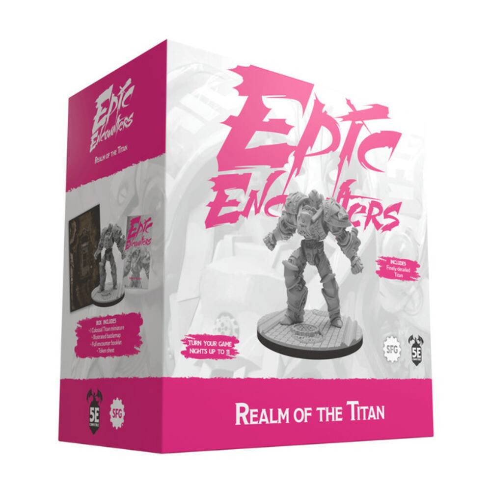 **Epic Encounters: Realm of the Titan**

**Includes:**
- 1x Castellum Titan miniature
- 1x Full-color Decal Sheet
- 1x Encounter Booklet
- 1x Terrain Base

**Turn Your Game Nights Up to 11!**

**5E SFG**