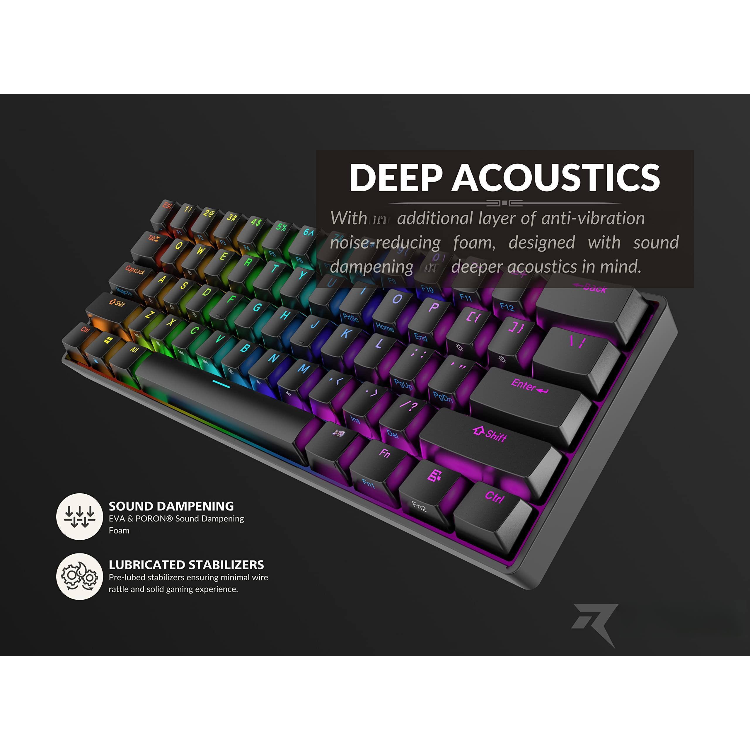 **DEEP ACOUSTICS**  
With an additional layer of anti-vibration noise-reducing foam, designed with sound dampening and deeper acoustics in mind.

**SOUND DAMPENING**  
EVA & PORON® Sound Dampening Foam

**LUBRICATED STABILIZERS**  
Pre-lubed stabilizers ensuring minimal wire rattle and solid gaming experience.