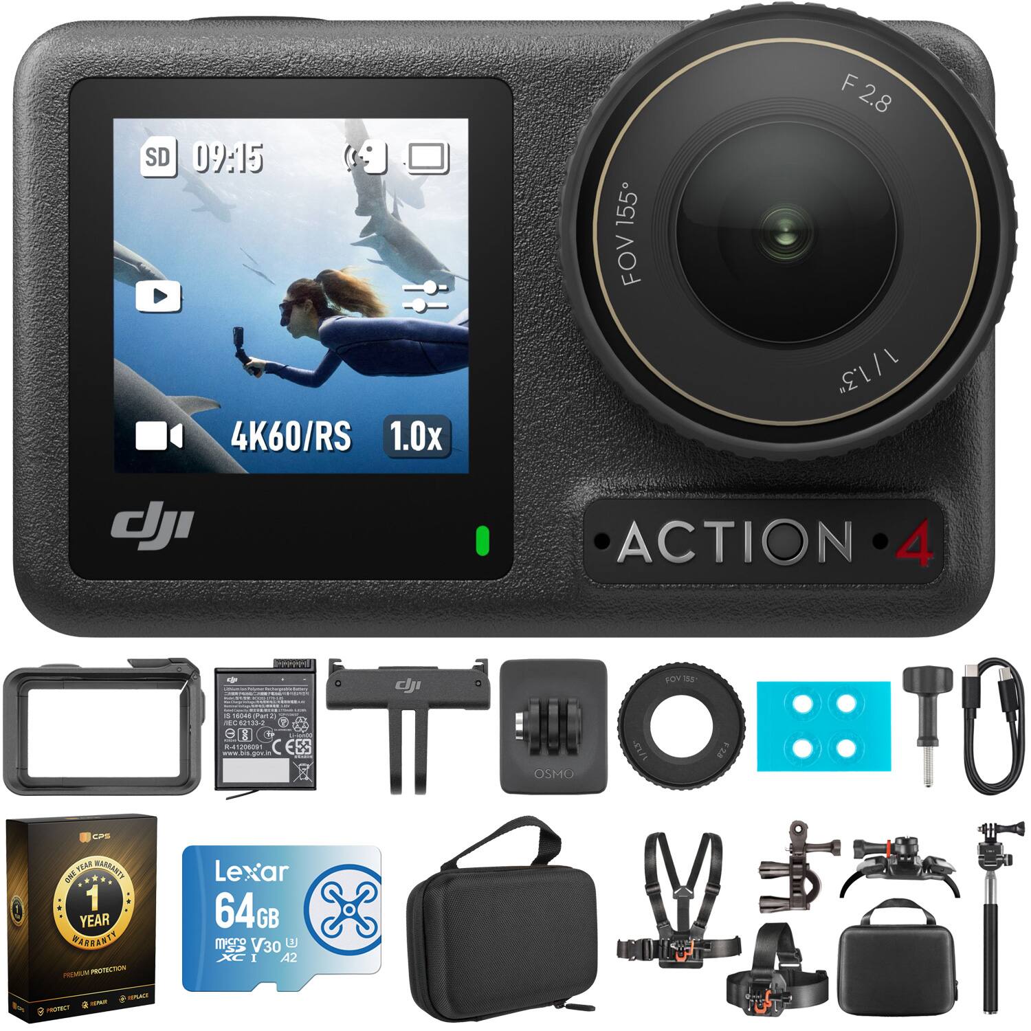 SD 09:15 4K60/RS 1.0x 155 FOV F 2.8 1 /1.3" dJI ACTION 4 - PPRH  FOV - - - - - NU n 1 41208091 : 1 E8G OSMO CPS YEAR DARRANTY UNE 1 YEAR MARRANTY PRENUM - Lexar 64GB m V30 E XC I A2 CULO