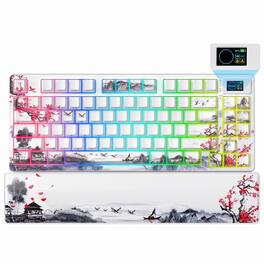 HM 1810 - 75 Wireless Mechanical With Color Multimedia Screen Gaming Theme 3 modes Hot Swappable Key Board W wrist Re - White