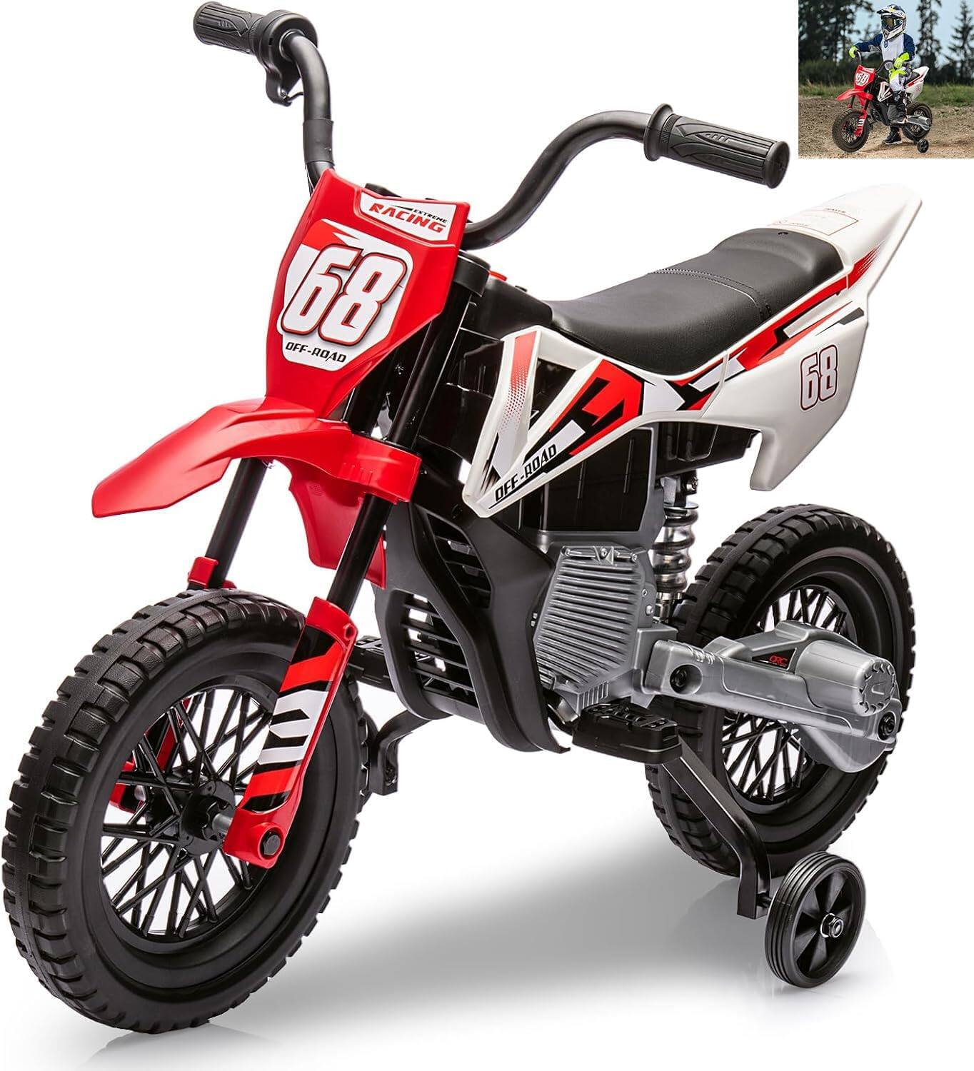 Homhougo - 12V Kids Electric Dirt Bike with Training Wheels, Twist Throttle, Music, 3 MPH Ride-On Motorcycle for Toddlers