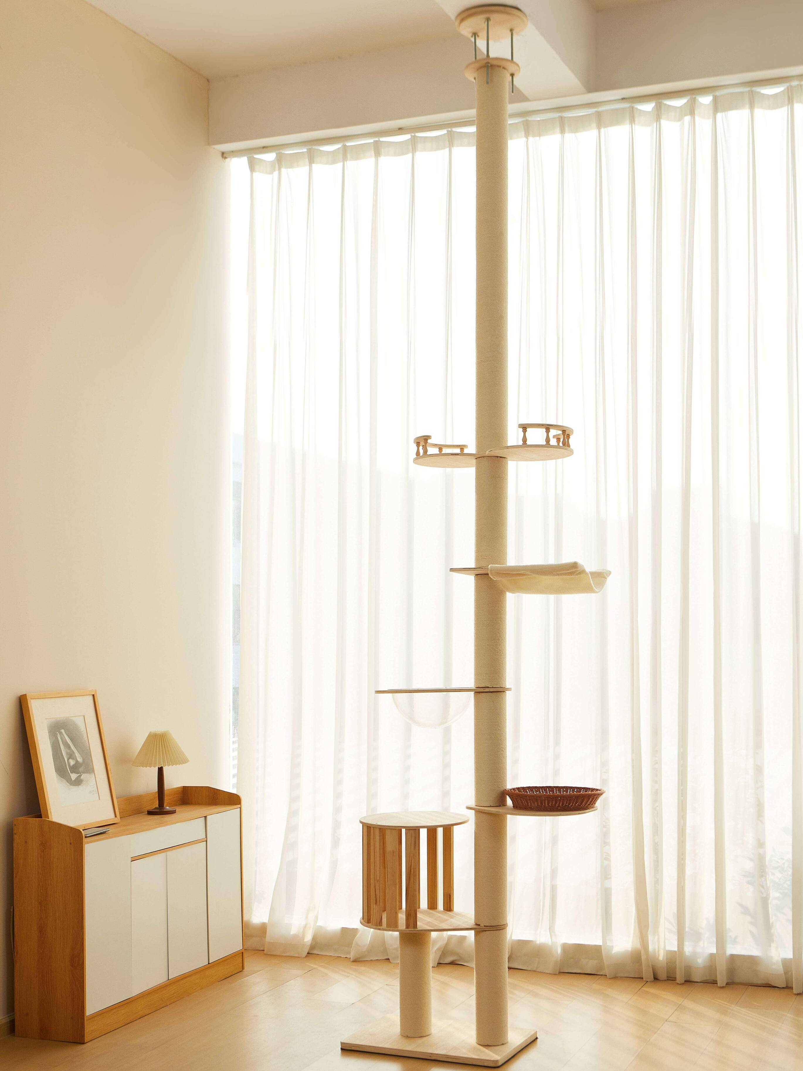 Front. JUJABU - 5-Tier Waterproof Freestanding Cat Tree, 102-118 in Adjustable Ceiling-to-Floor, Hemp Scratching Post.