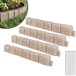 Pure Garden - Faux Stone Landscape Edging - 4-Piece 46.85” L x 3.94” W x 6” H Flower Garden Border with 14.8ft Total Length, Tan