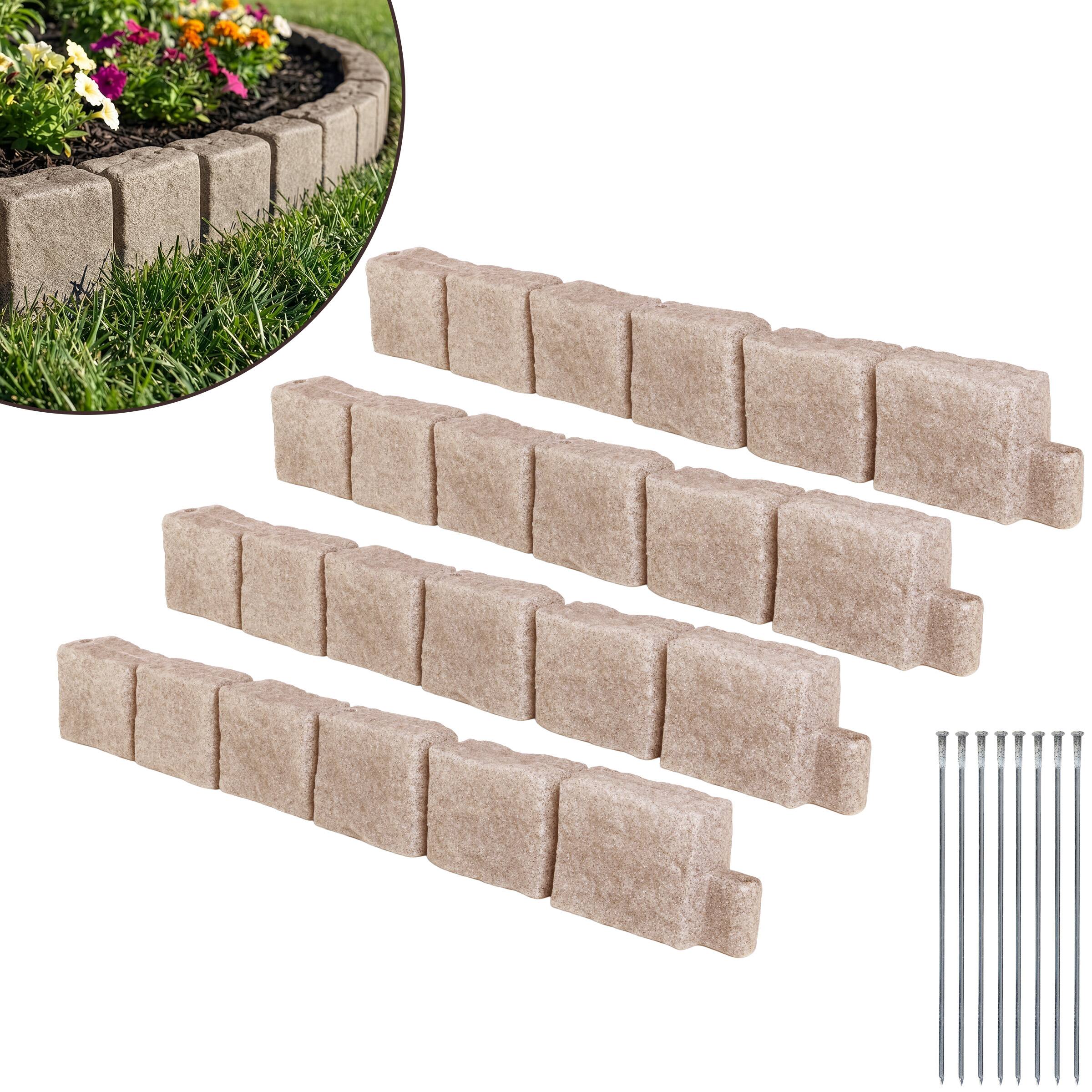 Pure Garden - Faux Stone Landscape Edging - 4-Piece 46.85” L x 3.94” W x 6” H Flower Garden Border with 14.8ft Total Length, Tan