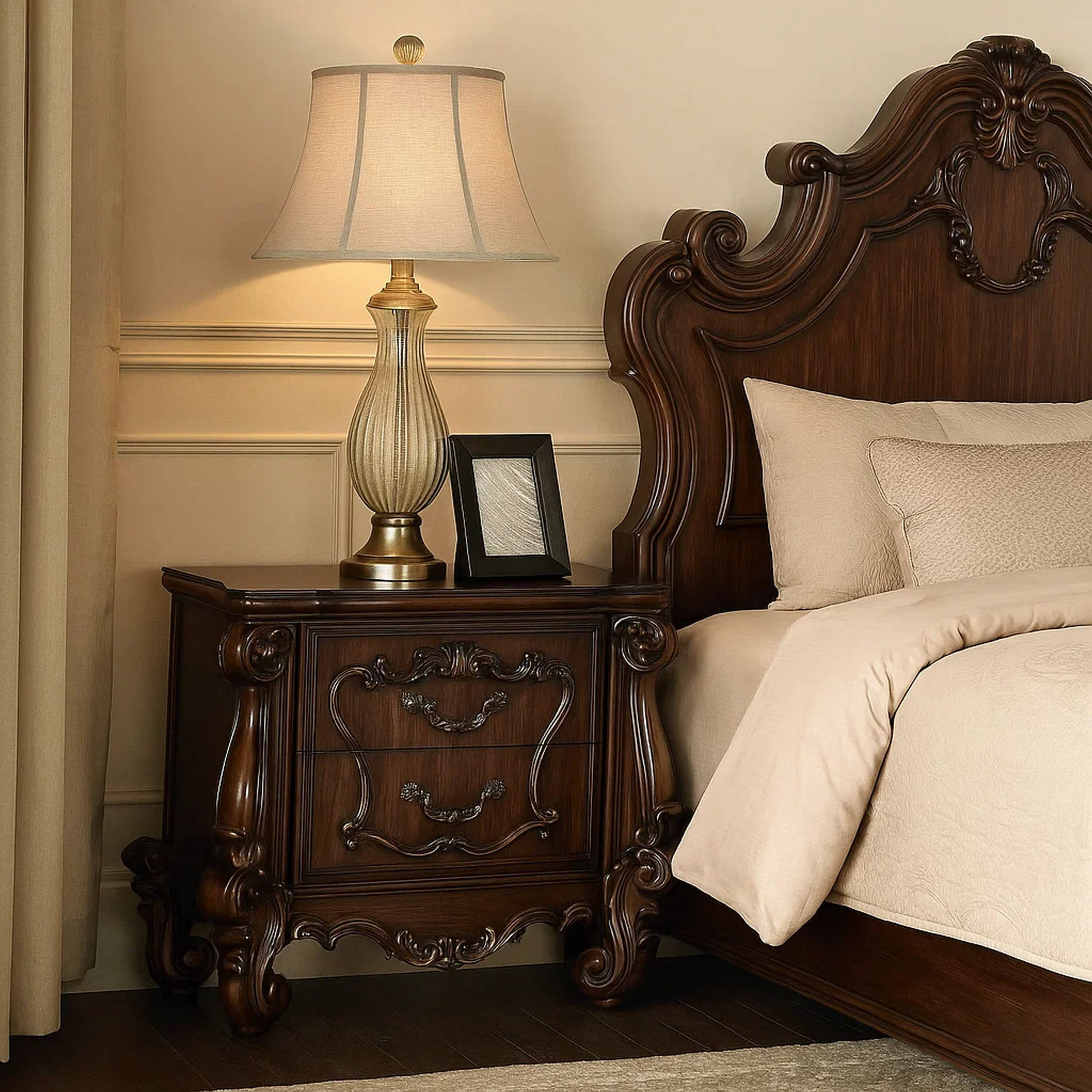 Alt View 6. Manhattan Lane - Traditional Wooden Nightstand with Antique Handles and Scrolled Legs - Brown.