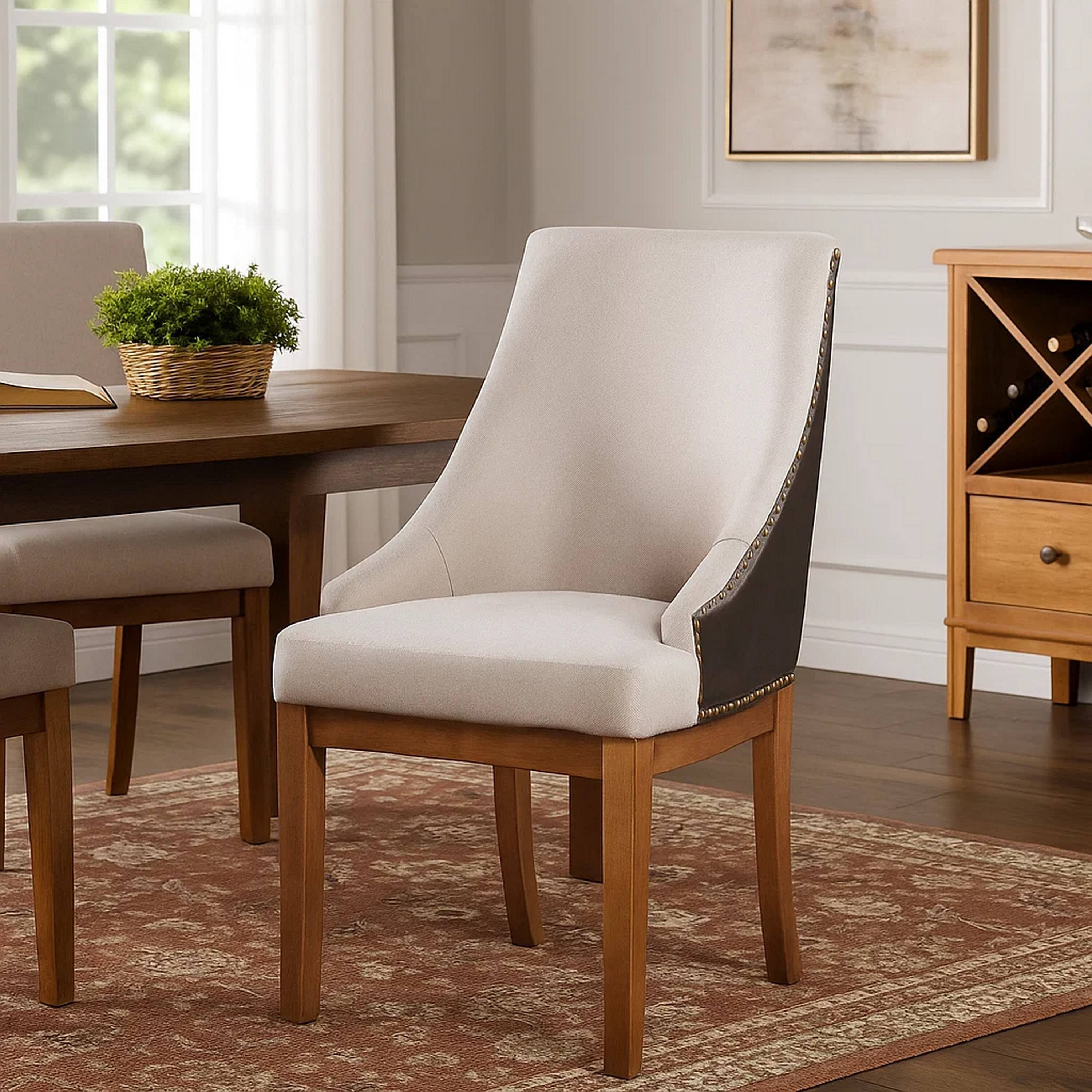 Alt View 6. Manhattan Lane - Elsie Dining Chair Set of 2, Foam Fill, Nailed Faux Leather Back, Brown - Brown, Cream.