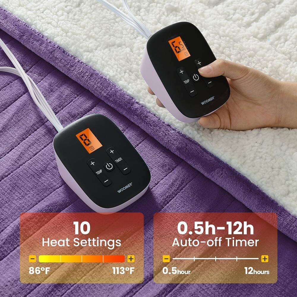 - **Heat Settings:**
  - 86°F
  - 113°F
  - 10 settings

- **Auto-off Timer:**
  - 0.5h - 12h
  - 0.5 hour - 12 hours