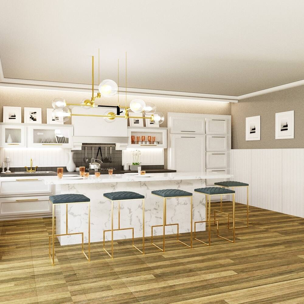 Left. LeisureMod - Quincy Modern Quilted Leather Bar Stool with Gold Metal Frame Counter Height Chair for Kitchen and Counter Seating - Peacock Blue.