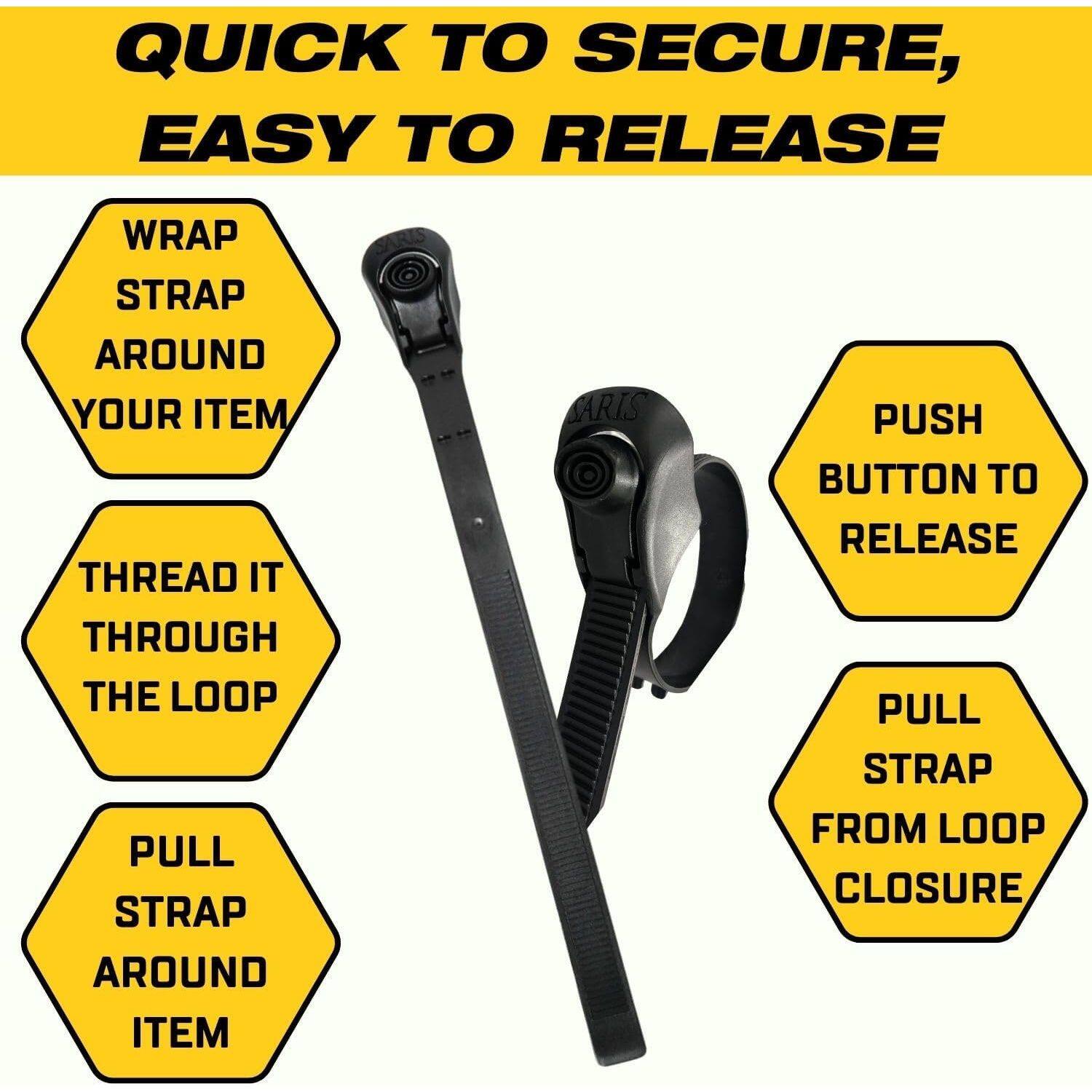 QUICK TO SECURE, EASY TO RELEASE

- WRAP STRAP AROUND YOUR ITEM
- THREAD IT THROUGH THE LOOP
- PULL STRAP AROUND ITEM
- PUSH BUTTON TO RELEASE
- PULL STRAP FROM LOOP CLOSURE