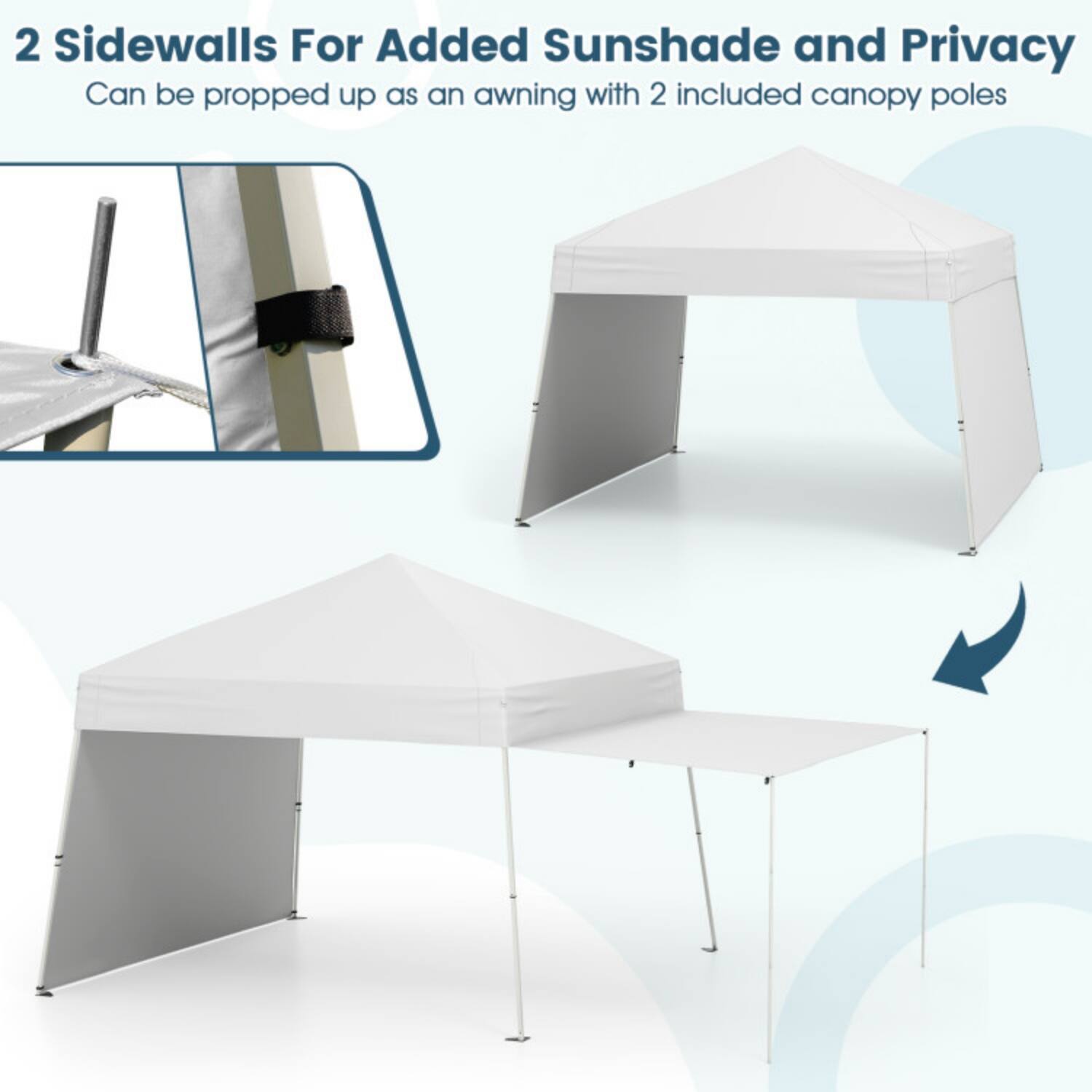 2 Sidewalls For Added Sunshade and Privacy  
Can be propped up as an awning with 2 included canopy poles