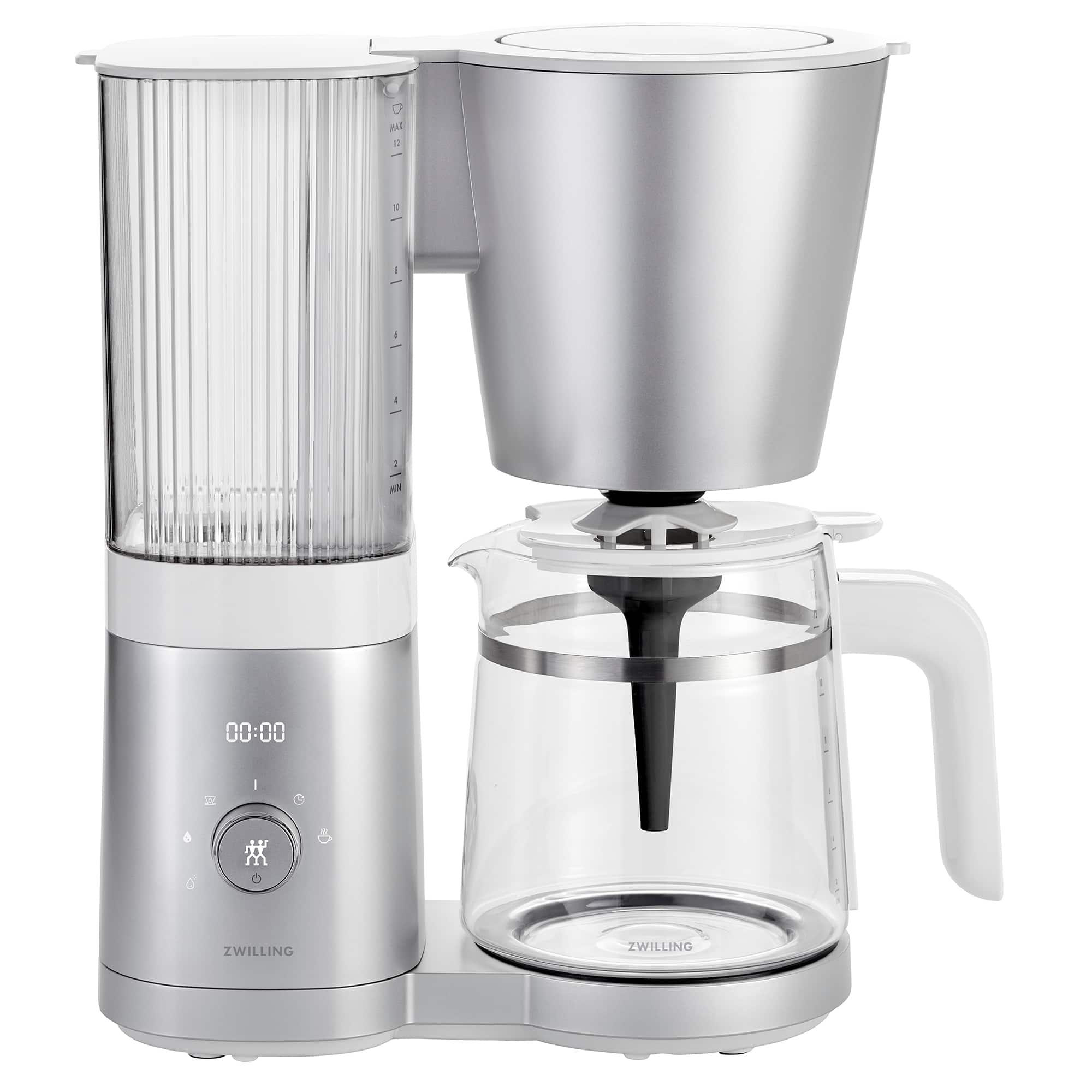 Angle. ZWILLING - Enfinigy 12-cup Glass Drip Coffee Maker - Silver.