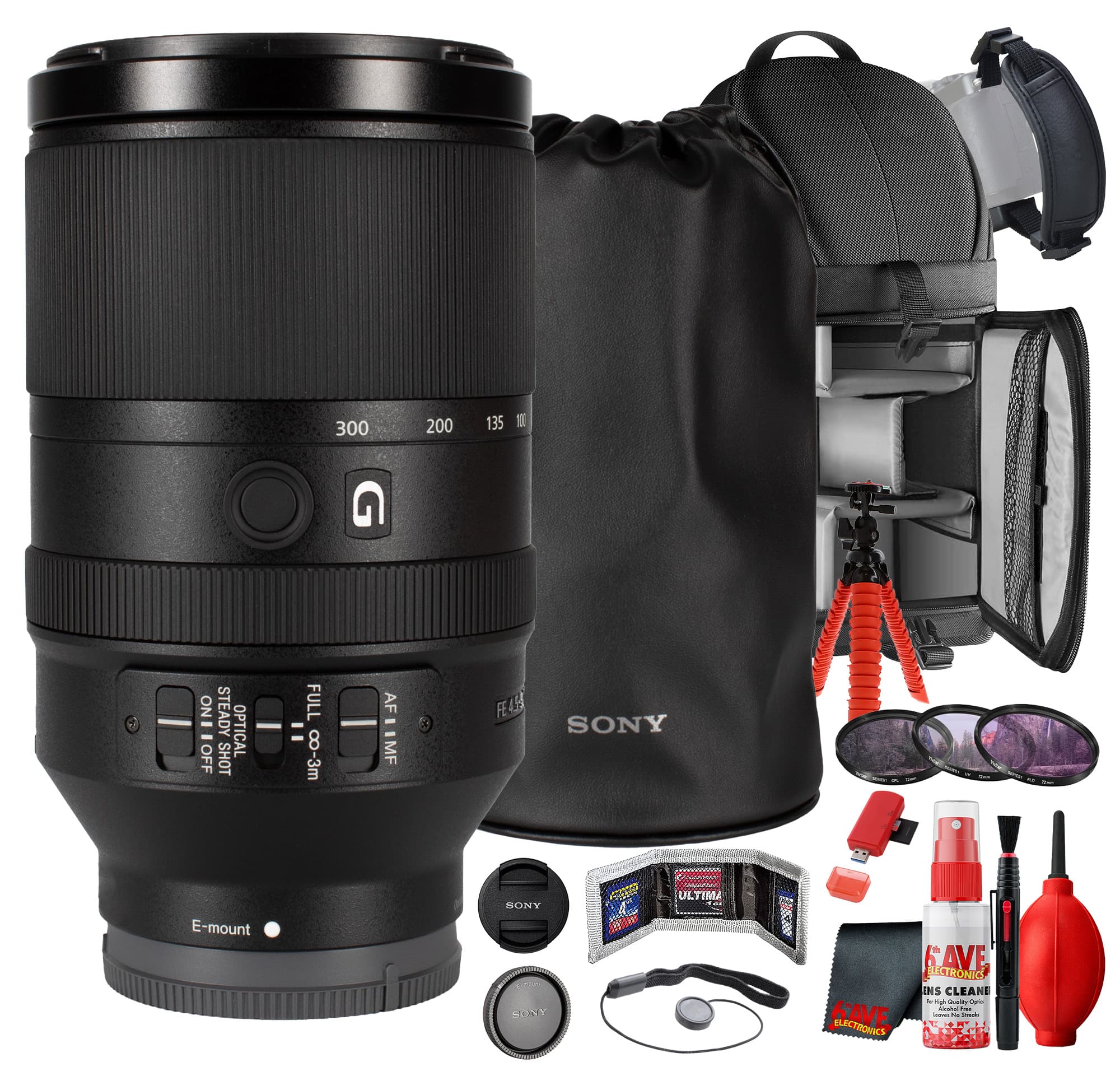 Sony - FE 70-300mm f/4.5-5.6 G OSS Lens + Filter Kit + BackPack + 64GB Card + More (International Model) - Black