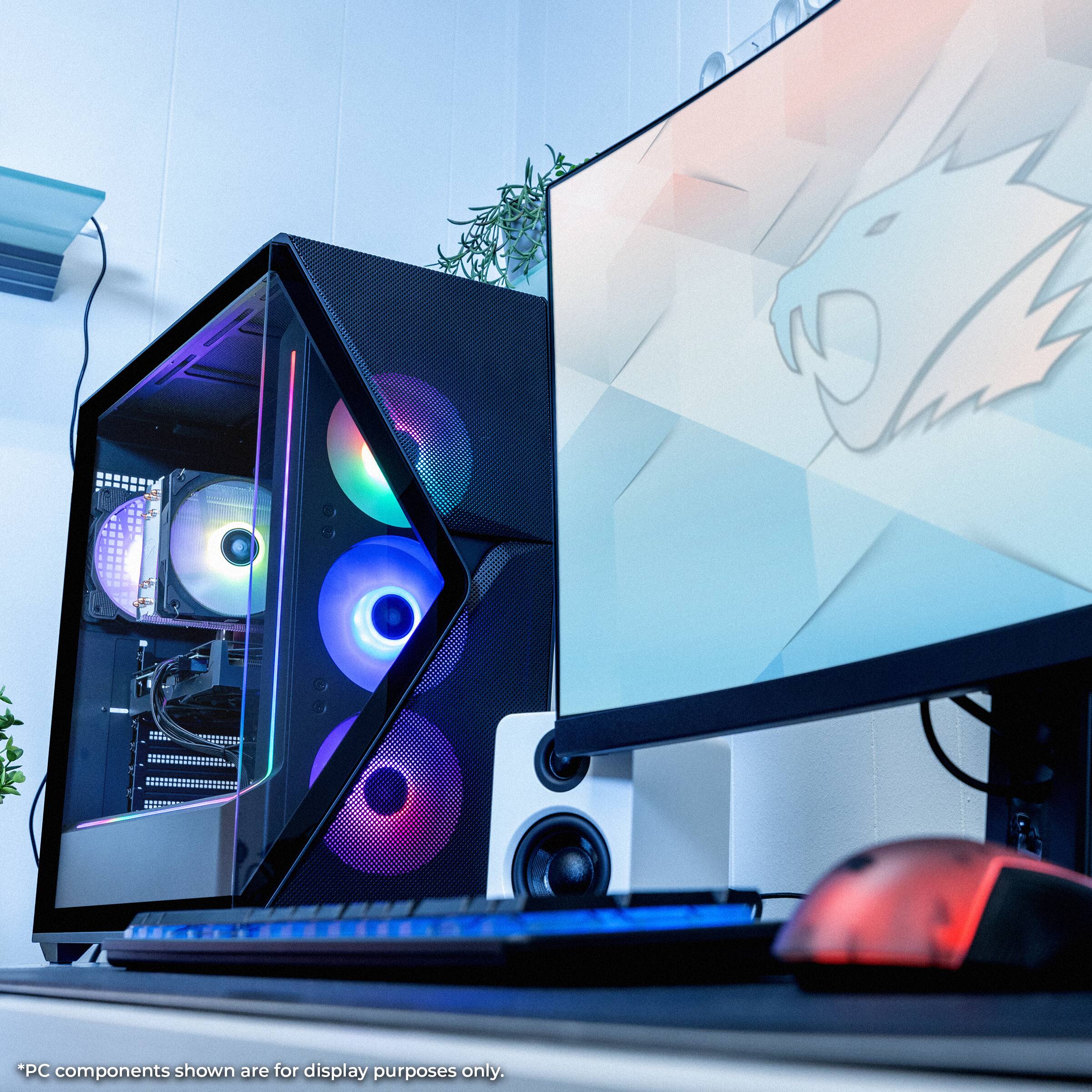 The image features a desktop computer setup with a monitor, keyboard, and mouse. The monitor is displaying a dragon image, and the keyboard and mouse are placed in front of it. The text on the image states that the PC components shown are for display purposes only. This suggests that the setup is meant for showcasing the computer components rather than being used for actual computing tasks.