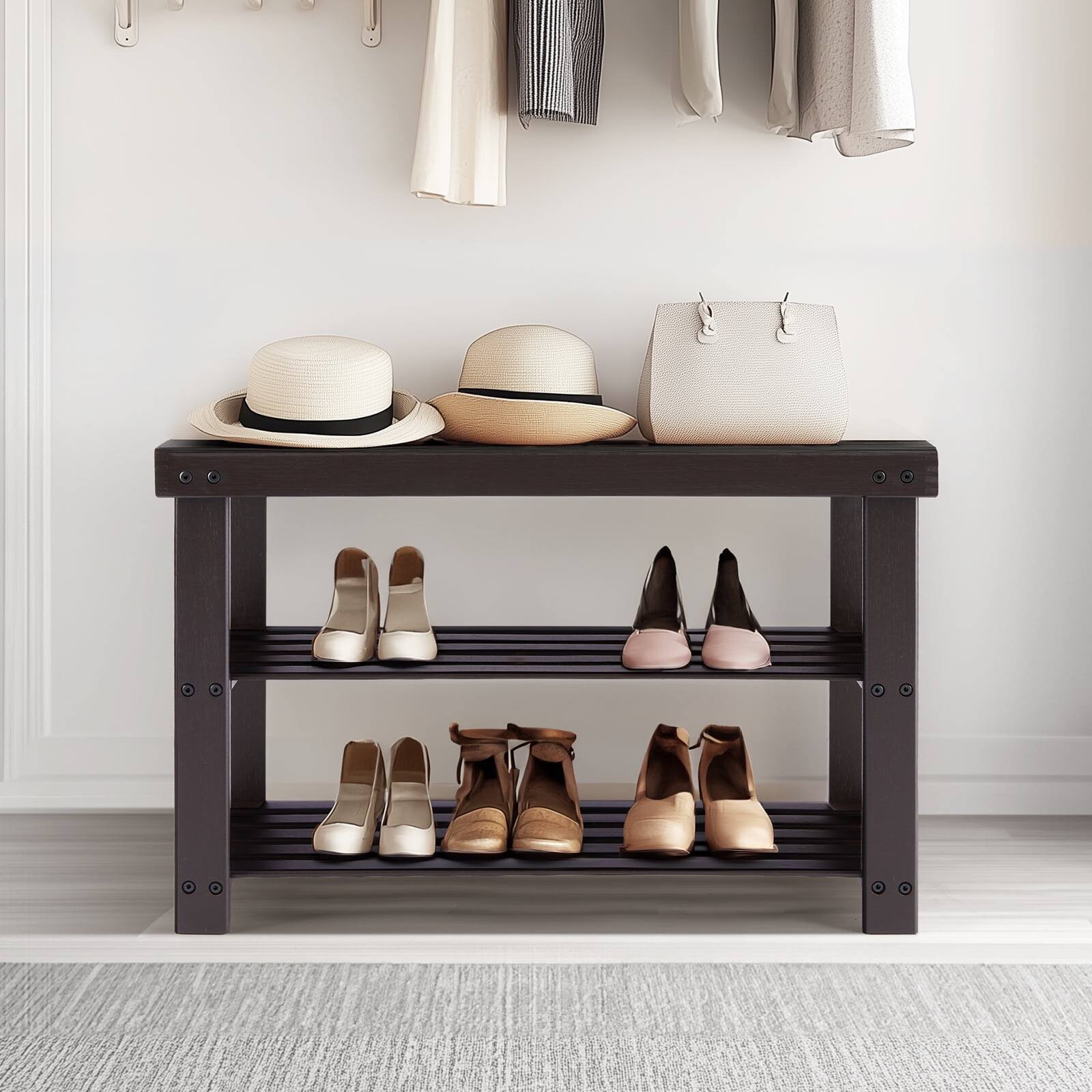 Front. AOITUN - Shoe Rack Bench, 3-Tier Bamboo Storage Organizer, 286lb Capacity Entryway Bench for Front Door, Bedroom, Stylish Shoes - Brown.