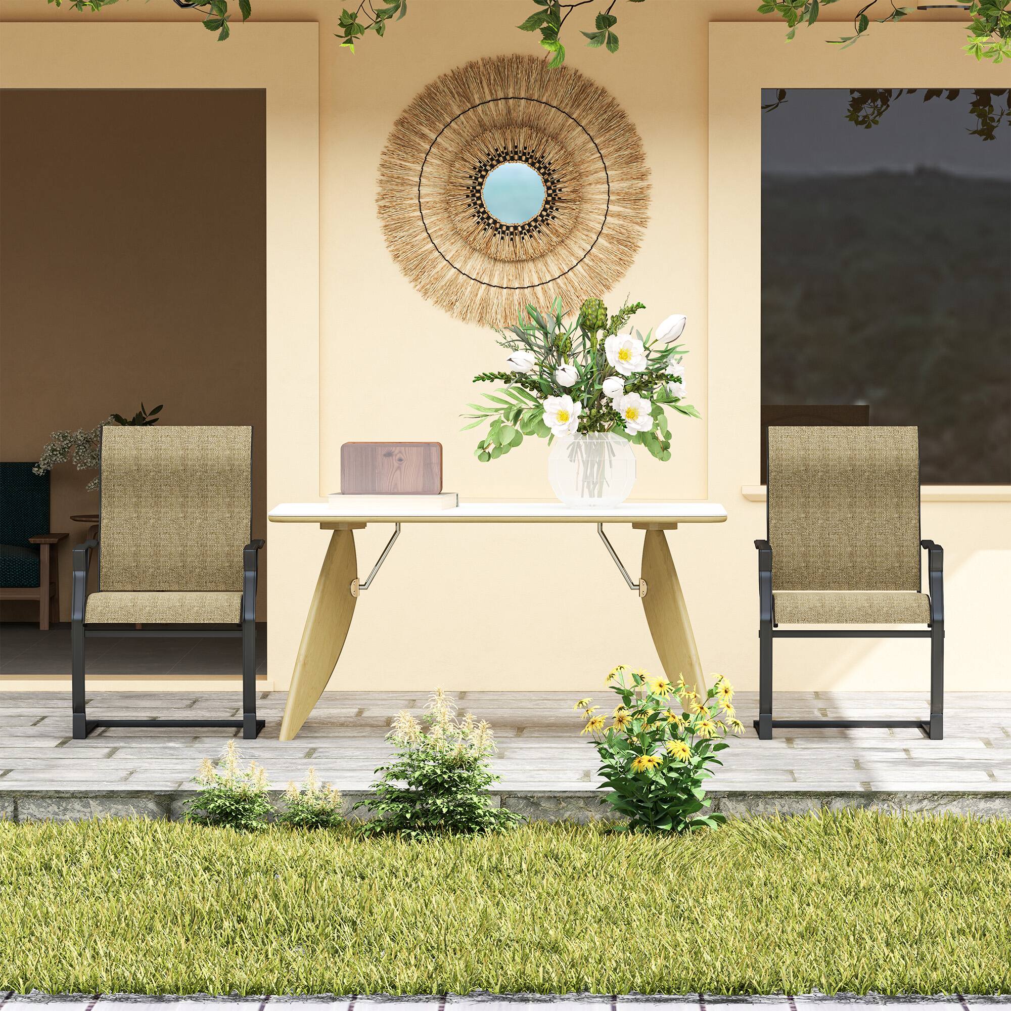 Alt View 8. Outsunny - Spring Patio Dining Chairs Set of 2 with High Backrest, Armrest, Breathable Fabric & Metal Frame, 256LBS - Brown.