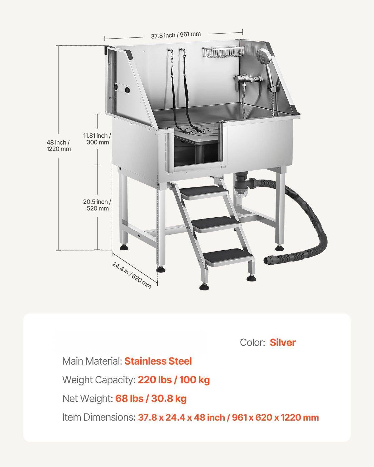 - Color: Silver
- Main Material: Stainless Steel
- Weight Capacity: 220 lbs / 100 kg
- Net Weight: 68 lbs / 30.8 kg
- Item Dimensions: 37.8 x 24.4 x 48 inch / 961 x 620 x 1220 mm

Dimensions:
- 37.8 inch / 961 mm
- 48 inch / 1220 mm
- 11.81 inch / 300 mm
- 20.5 inch / 520 mm
- 24.4 inch / 620 mm