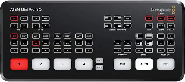 ATEM Mini Pro ISO
Blackmagic Design
DISK ON OFF ON OFF ON ON REC ON AIR OFF OFF STOP OFF MIC 1 MIC 2 PICTURE IN PICTURE KEY RECORD STREAM AFV RESET AFV RESET AFV RESET AFV RESET 1 2 ON OFF ON OFF ON OFF ON OFF 0.5 1.0 3 4 1.5 2.0 MIX DIP M/V PGM DURATION EFFECT VIDEO OUT 1 2 3 4 STILL BLACK CUT AUTO FTB