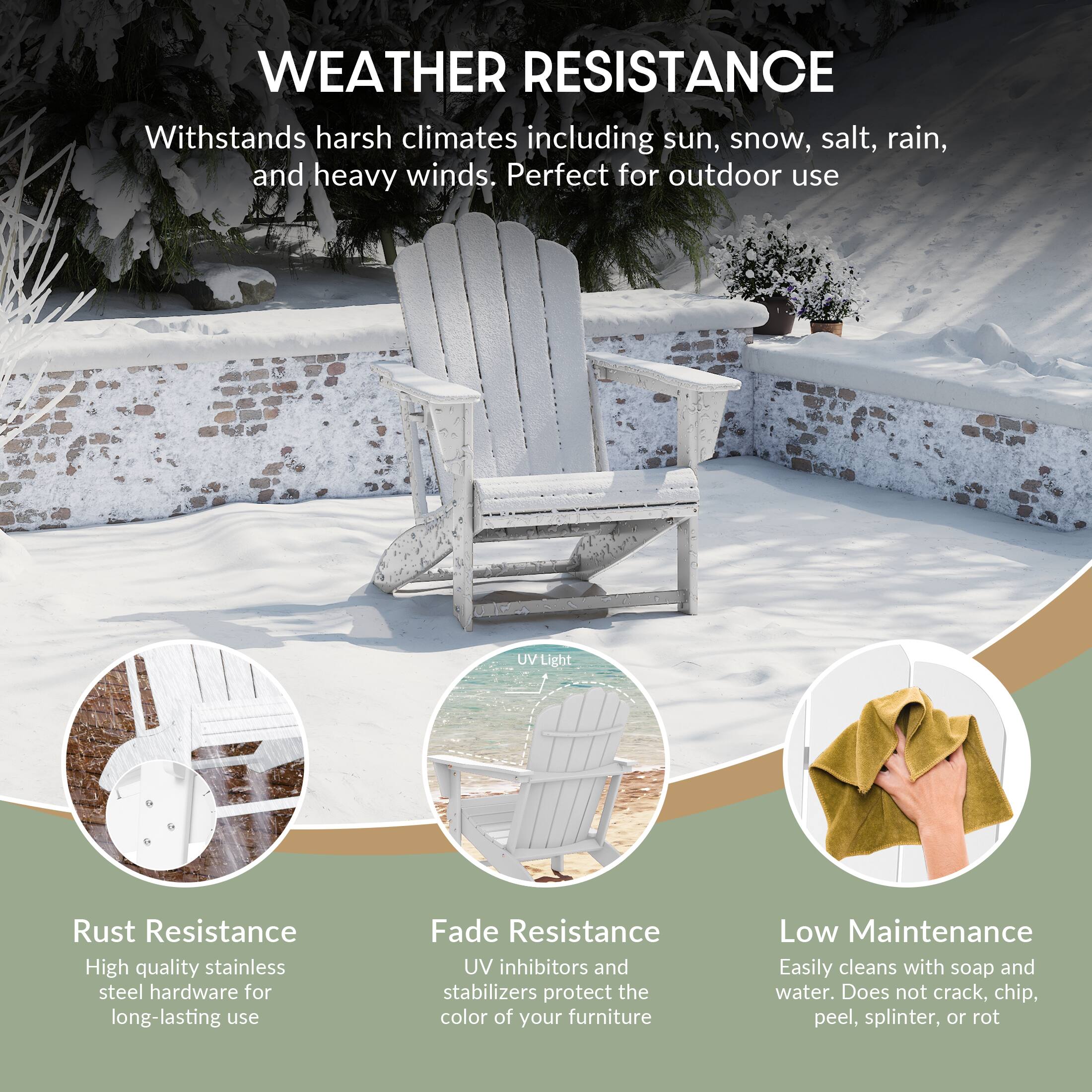 WEATHER RESISTANCE

Withstands harsh climates including sun, snow, salt, rain, and heavy winds. Perfect for outdoor use

UV Light

Rust Resistance
High quality stainless steel hardware for long-lasting use

Fade Resistance
UV inhibitors and stabilizers protect the color of your furniture

Low Maintenance
Easily cleans with soap and water. Does not crack, chip, peel, splinter, or rot