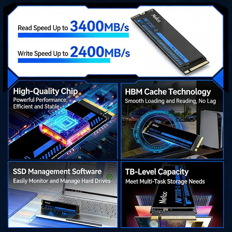 Nelao Read Speed Up to 3400MB/s  
Write Speed Up to 2400MB/s  

High-Quality Chip  
Powerful Performance, Efficient and Stable  

HBM Cache Technology  
Smooth Loading and Reading, No Lag  

SSD Management Software  
Easily Monitor and Manage Hard Drives  

TB-Level Capacity  
Meet Multi-Task Storage Needs