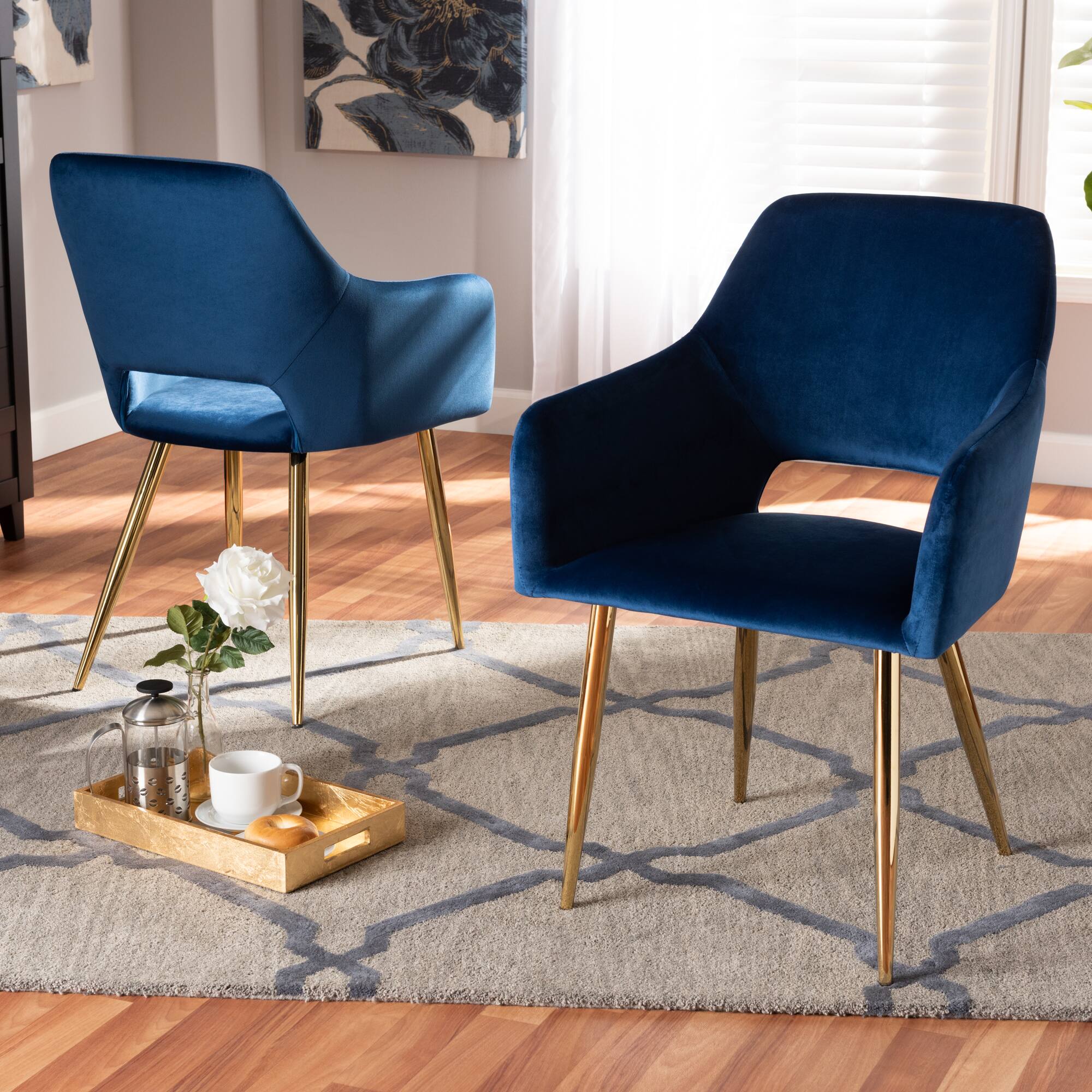 Alt View 2. Baxton Studio - Germaine Glam and Luxe Velvet Fabric Upholstered Gold Finished 2-Piece Metal Dining Chair Set - Navy Blue/Gold.