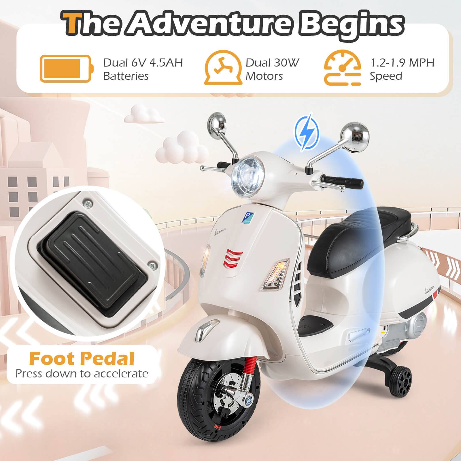 The Adventure Begins

- Dual 6V 4.5AH Batteries
- Dual 30W Motors
- 1.2-1.9 MPH Speed

Foot Pedal
Press down to accelerate