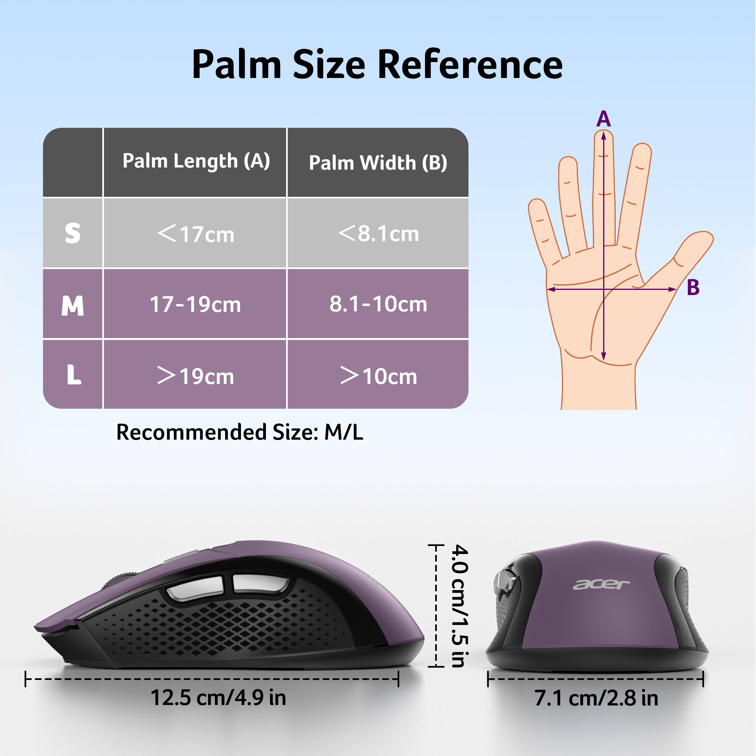 Palm Size Reference

| Palm Length (A) | Palm Width (B) |
|----------------|---------------|
| S              | <17cm         | <8.1cm      |
| M              | 17-19cm       | 8.1-10cm    |
| L              | >19cm         | >10cm      |

Recommended Size: M/L

12.5 cm/4.9 in

4.0 cm/1.5 in

7.1 cm/2.8 in