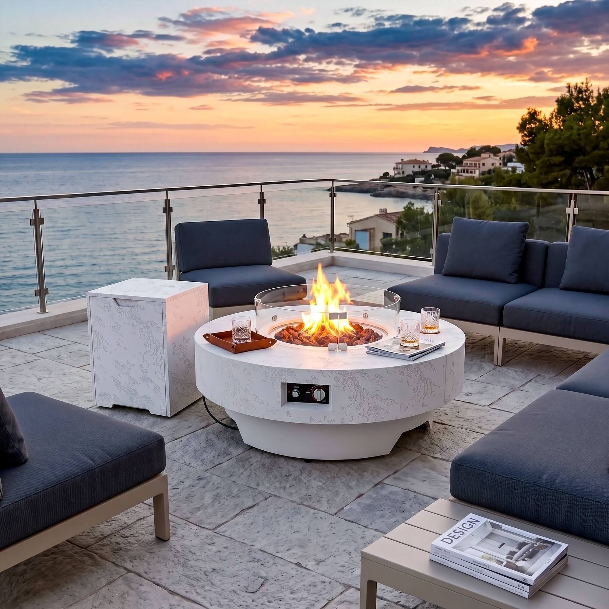 Angle. Famapy - 50,000 BTU Outdoor Propane Fire Pit Table with Wind Guard, Tank Hideaway, Cover and Lava Rocks - White.