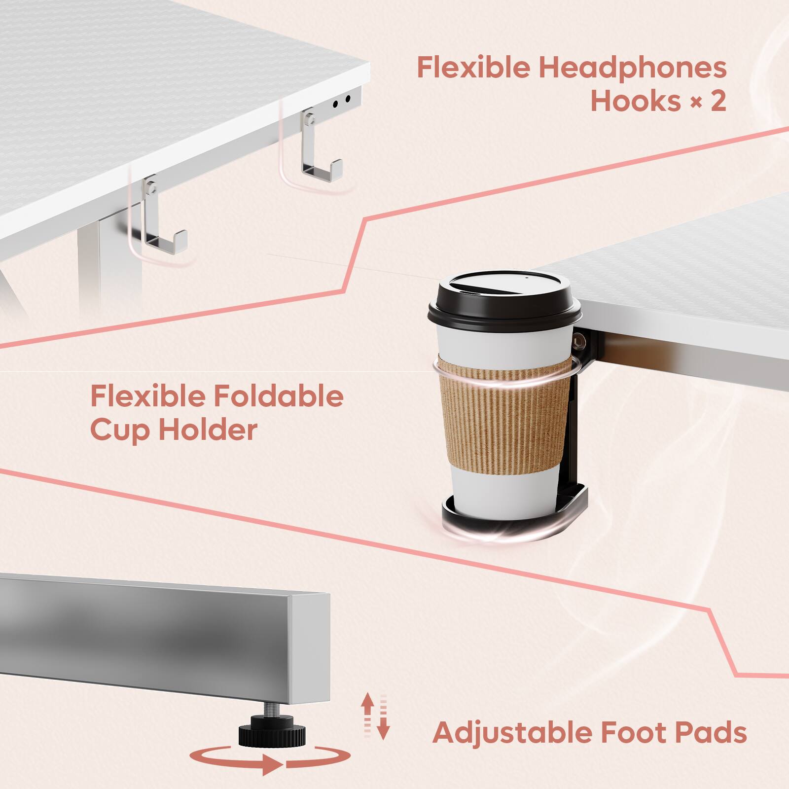 Flexible Headphones Hooks x 2, Flexible Foldable Cup Holder, Adjustable Foot Pads