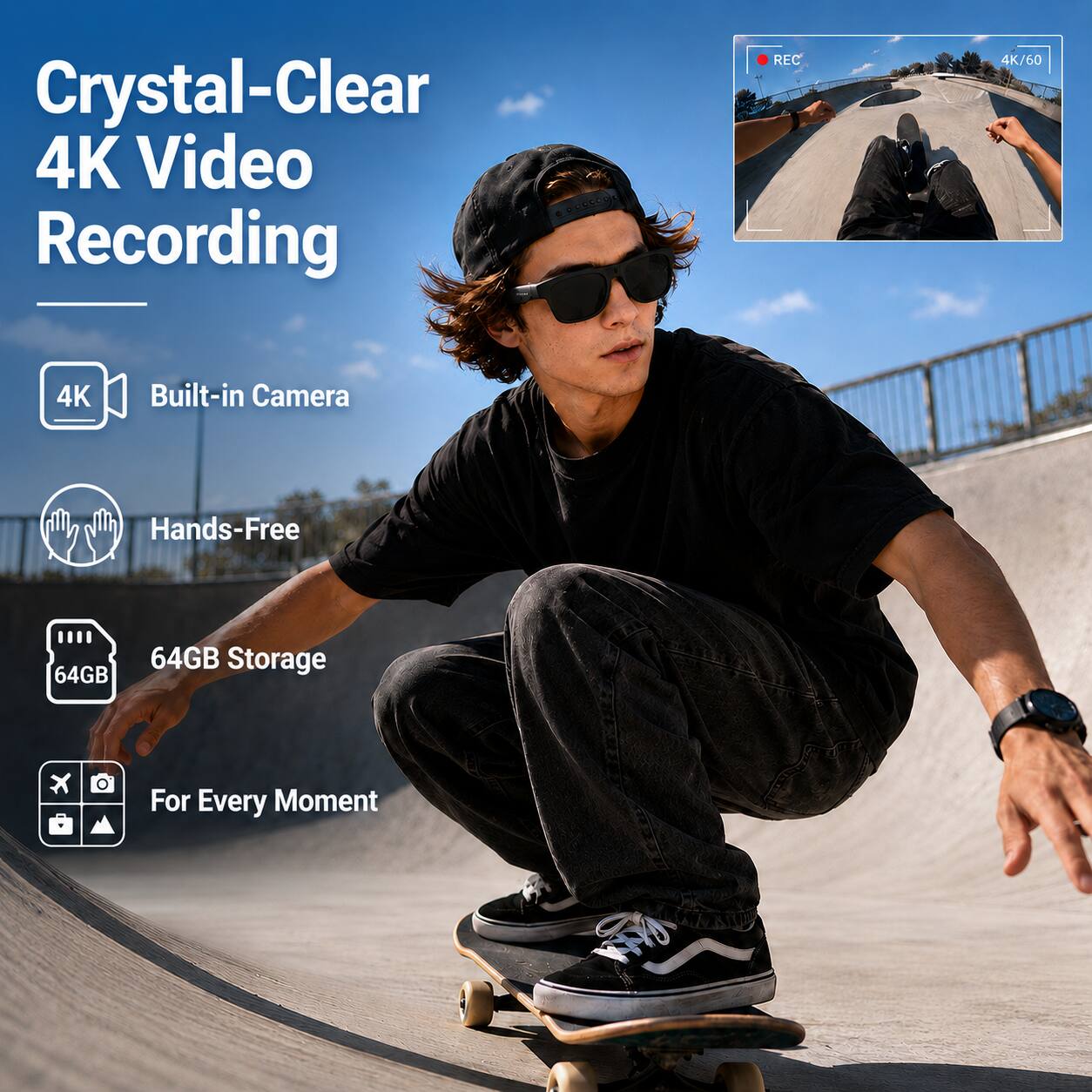Crystal-Clear 4K Video Recording

- Built-in Camera
- Hands-Free
- 64GB Storage
- For Every Moment

4K/60