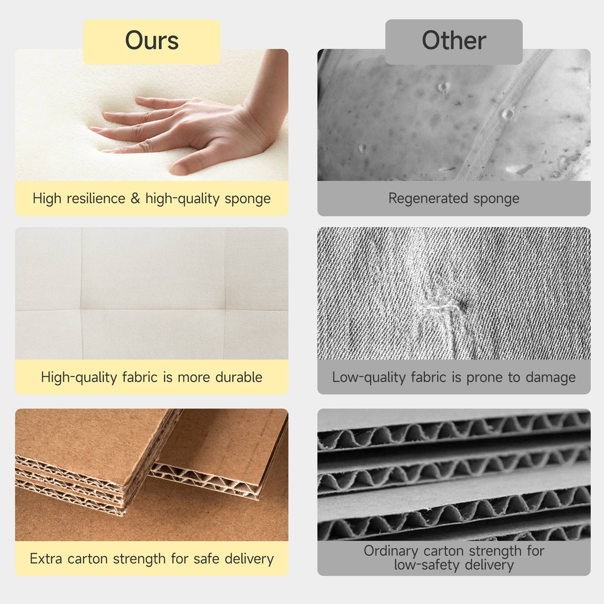 **Ours**

- High resilience & high-quality sponge
- High-quality fabric is more durable
- Extra carton strength for safe delivery

**Other**

- Regenerated sponge
- Low-quality fabric is prone to damage
- Ordinary carton strength for low-safety delivery