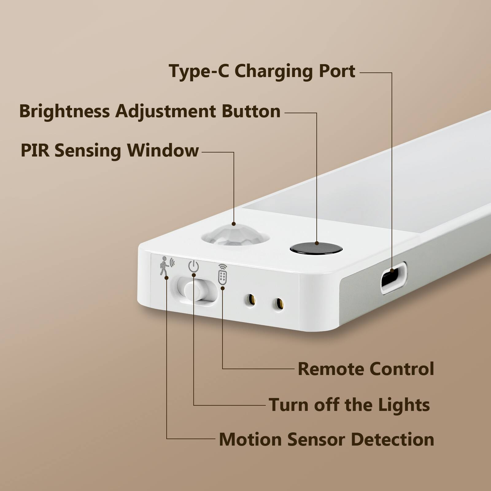 Type-C Charging Port  
Brightness Adjustment Button  
PIR Sensing Window  
Remote Control  
Turn off the Lights  
Motion Sensor Detection