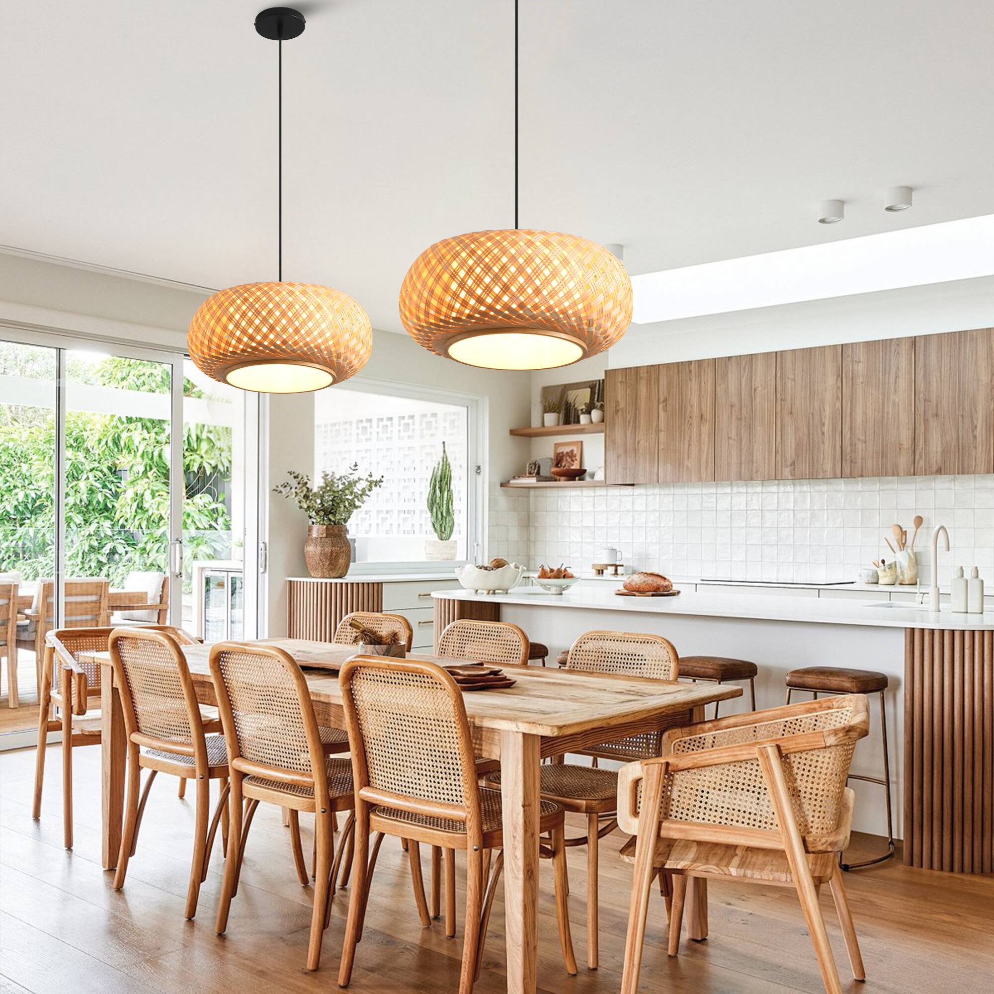 Left. Parrot Uncle - 1-Light Retro Brown Rustic Bamboo Hand-Woven Pendant Lamp - Brown.