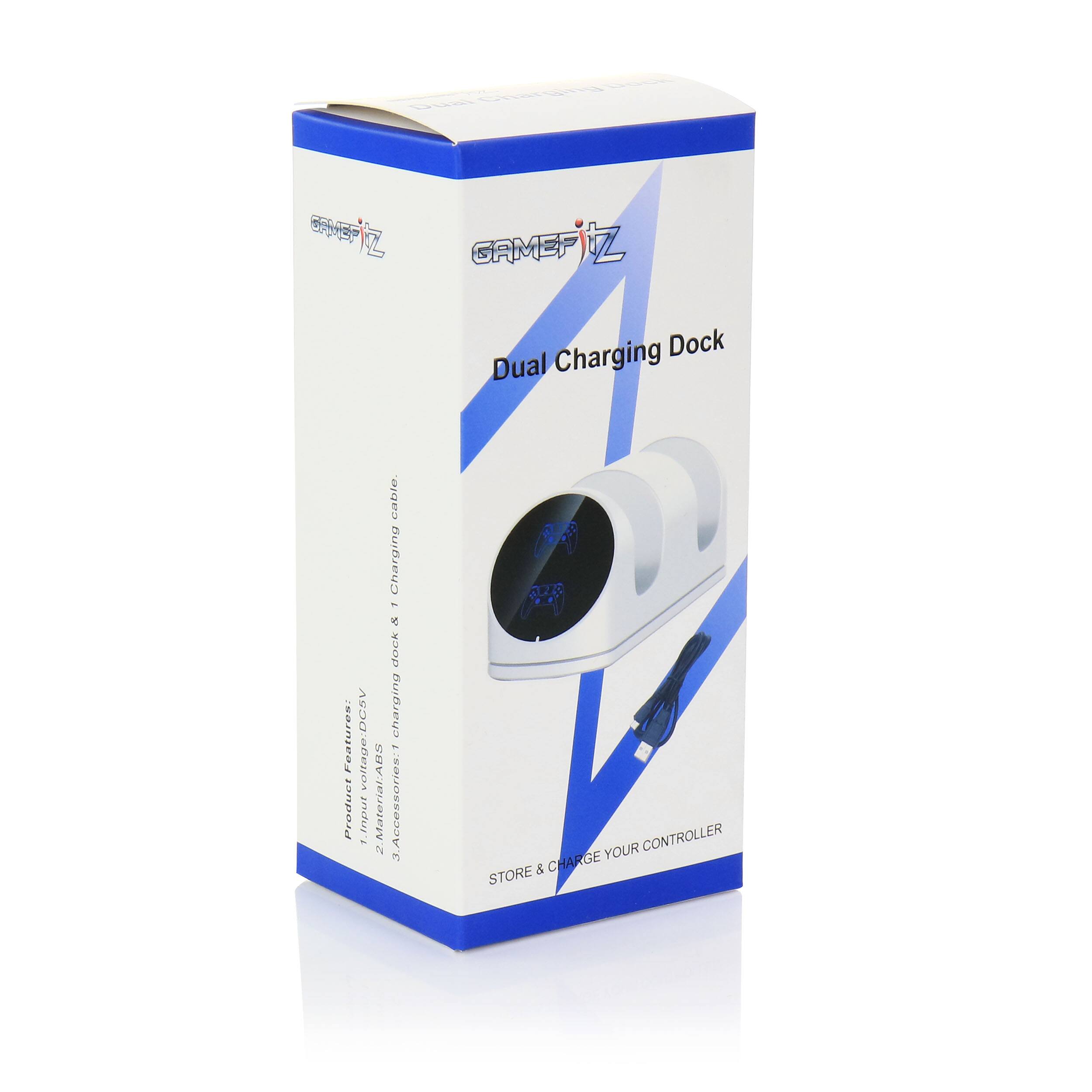 Sure, here is the corrected and grouped text from the image:

---

**GAMEFIZ**

**Dual Charging Dock**

**Product Features:**
- 1 Input Voltage: DC5V
- 2 Materials: ABS
- 3 Accessories: Charging cable

**Charging Dock & 1 Charging cable.**

**STORE & CHARGE YOUR CONTROLLER**

---

This text is organized to reflect the information on the packaging.