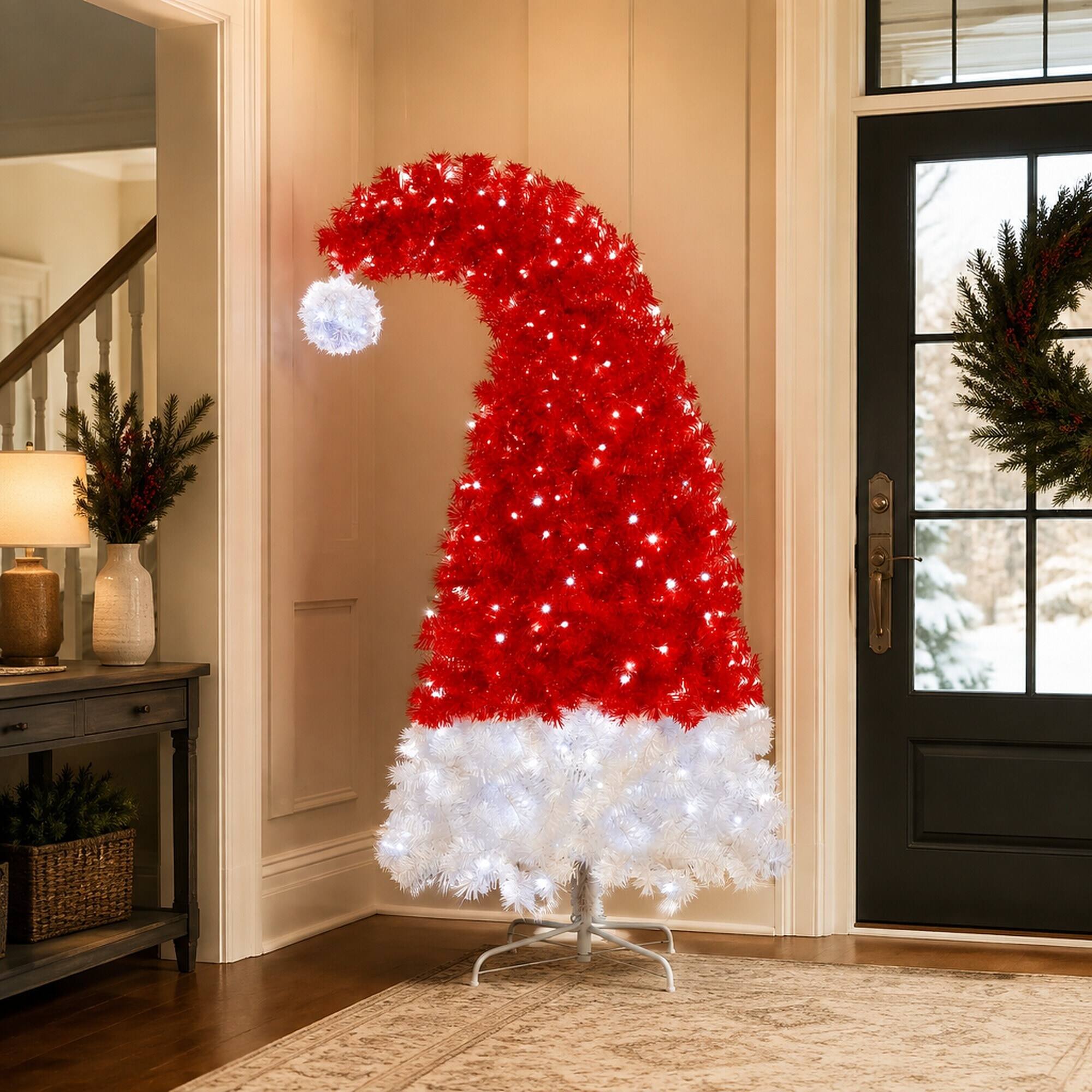 Alt View 1. RYHNUYNE - 6FT Whimsical Santa Hat Christmas Tree, 1050 Curved Branch Tips LED Lights Artificial Xmas Tree Holiday Decor - Red,White.