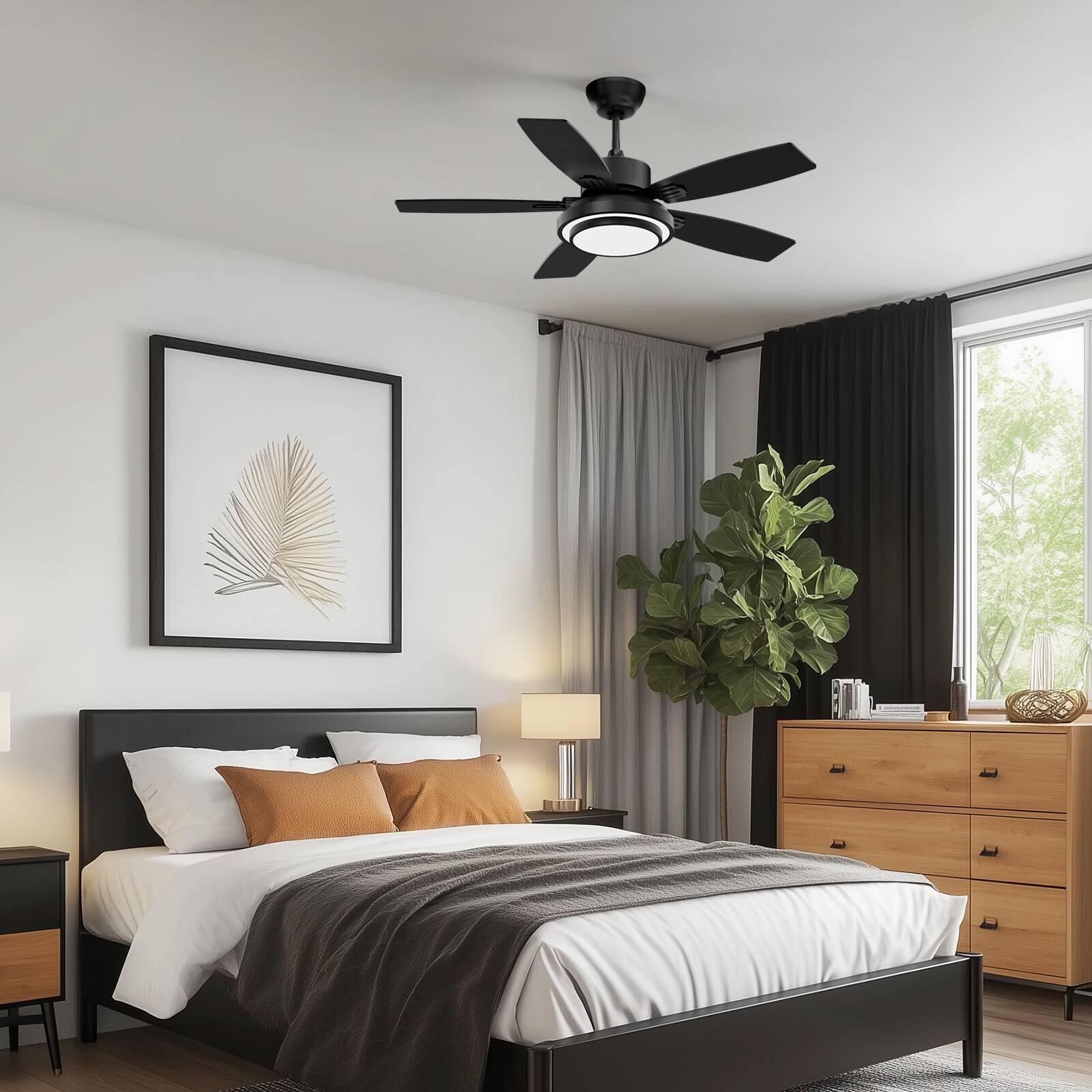 Alt View 4. Siljoy - 42-in Black Ceiling Fan with black or Oak Color Blades Ceiling Fan With Light - Remote Included - Black.