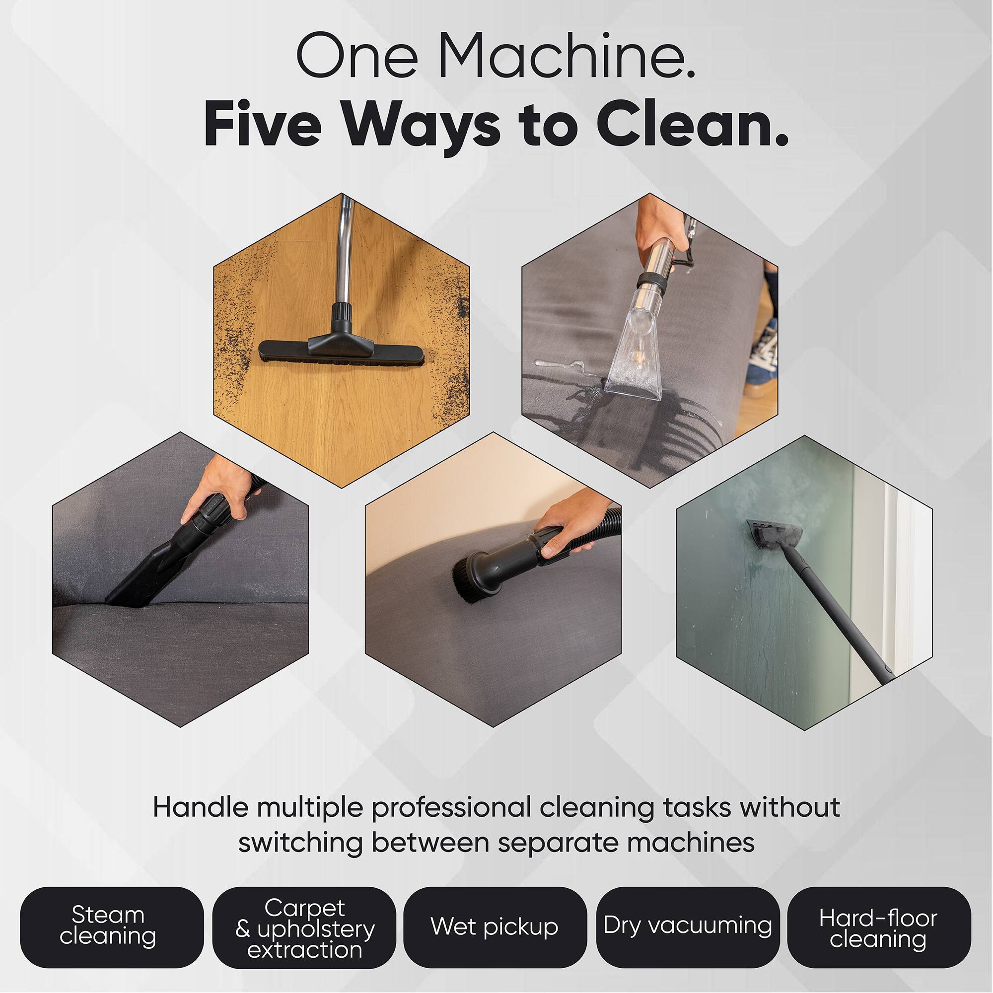 One Machine. Five Ways to Clean.

Handle multiple professional cleaning tasks without switching between separate machines

- Steam cleaning
- Carpet & upholstery extraction
- Wet pickup
- Dry vacuuming
- Hard-floor cleaning