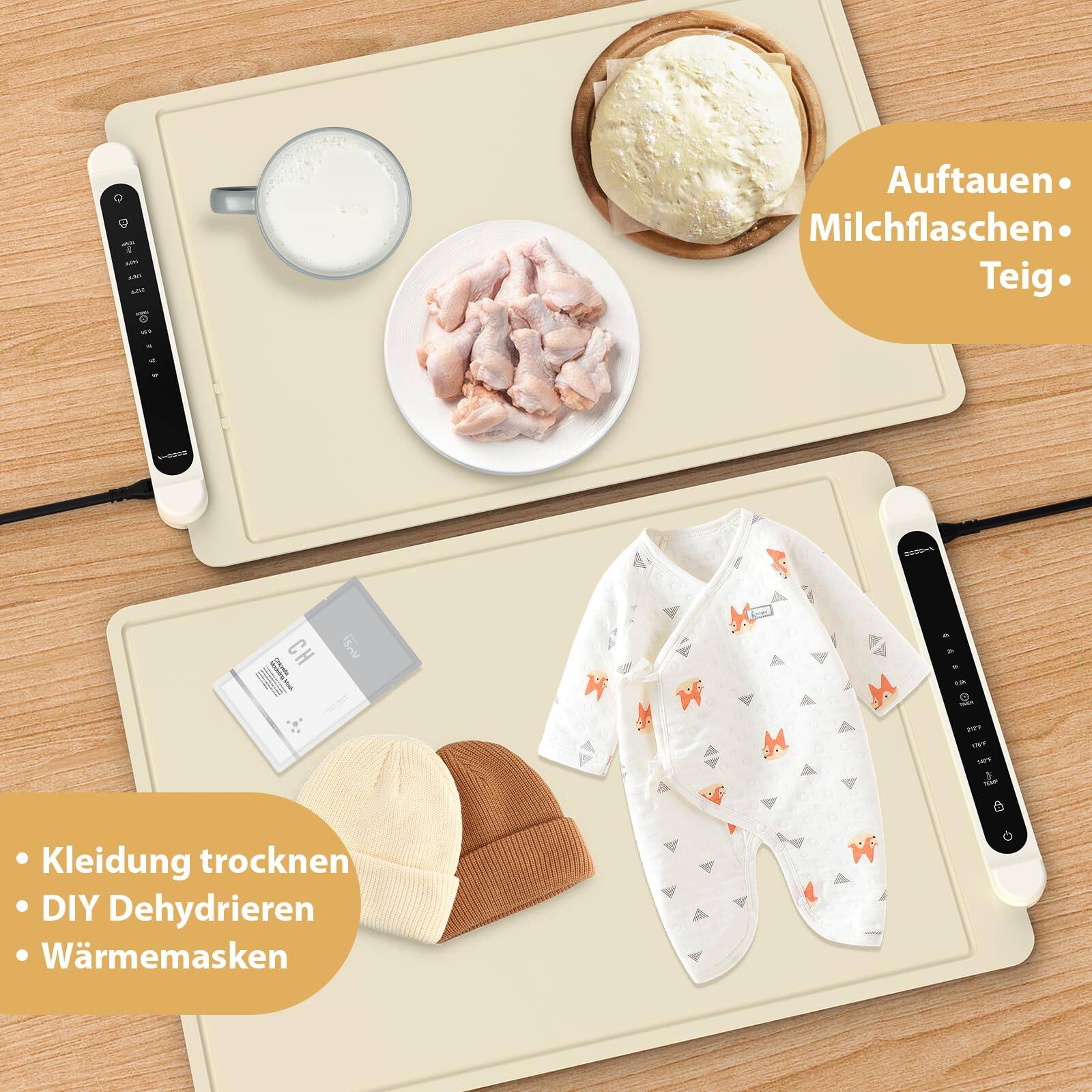 Aufthauen  
Milchflaschen  
Teig  

Kleidung trocknen  
DIY Dehydrieren  
Wärmemasken