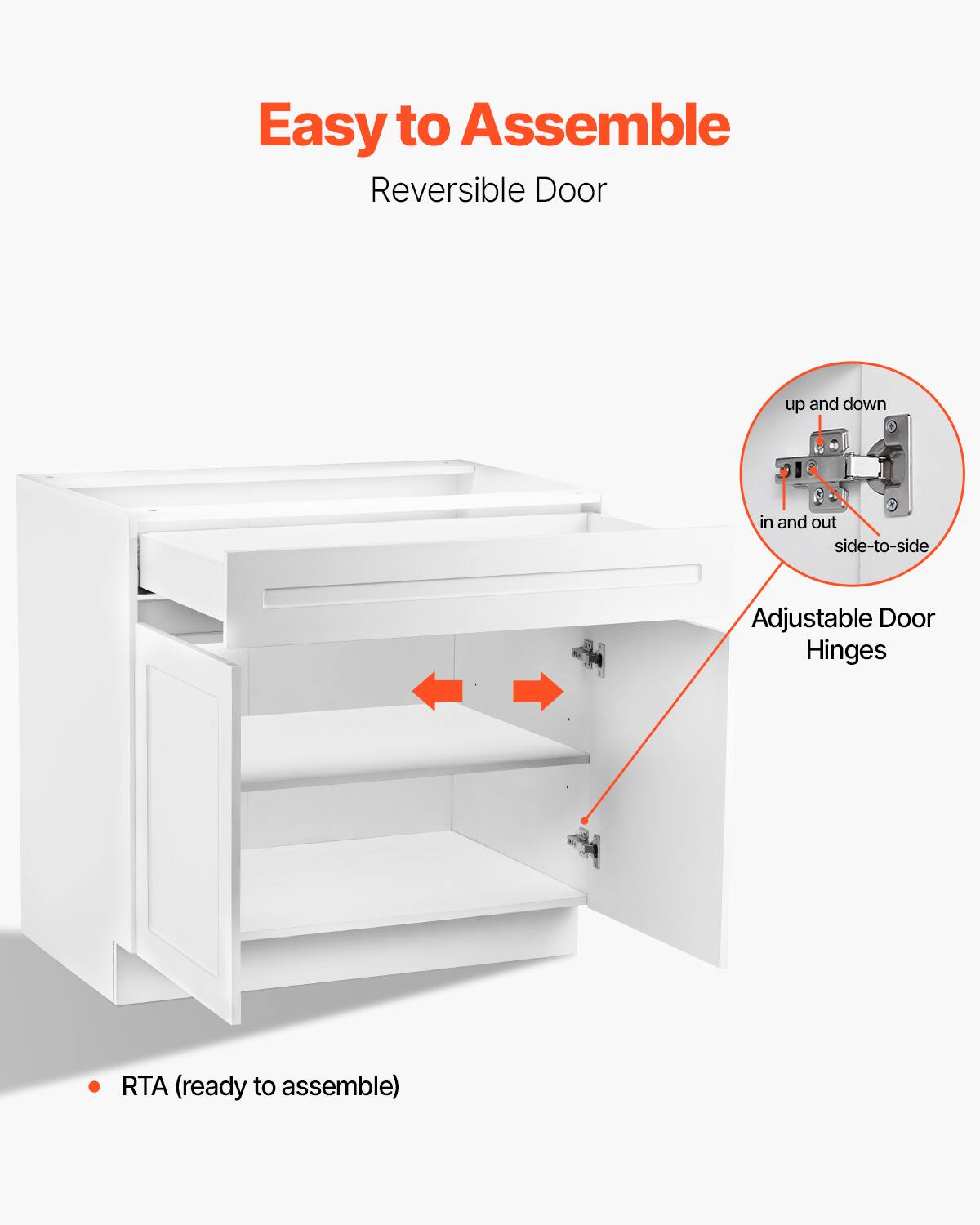 Easy to Assemble  
Reversible Door  

Adjustable Door Hinges  
- up and down  
- in and out  
- side-to-side  

RTA (ready to assemble)