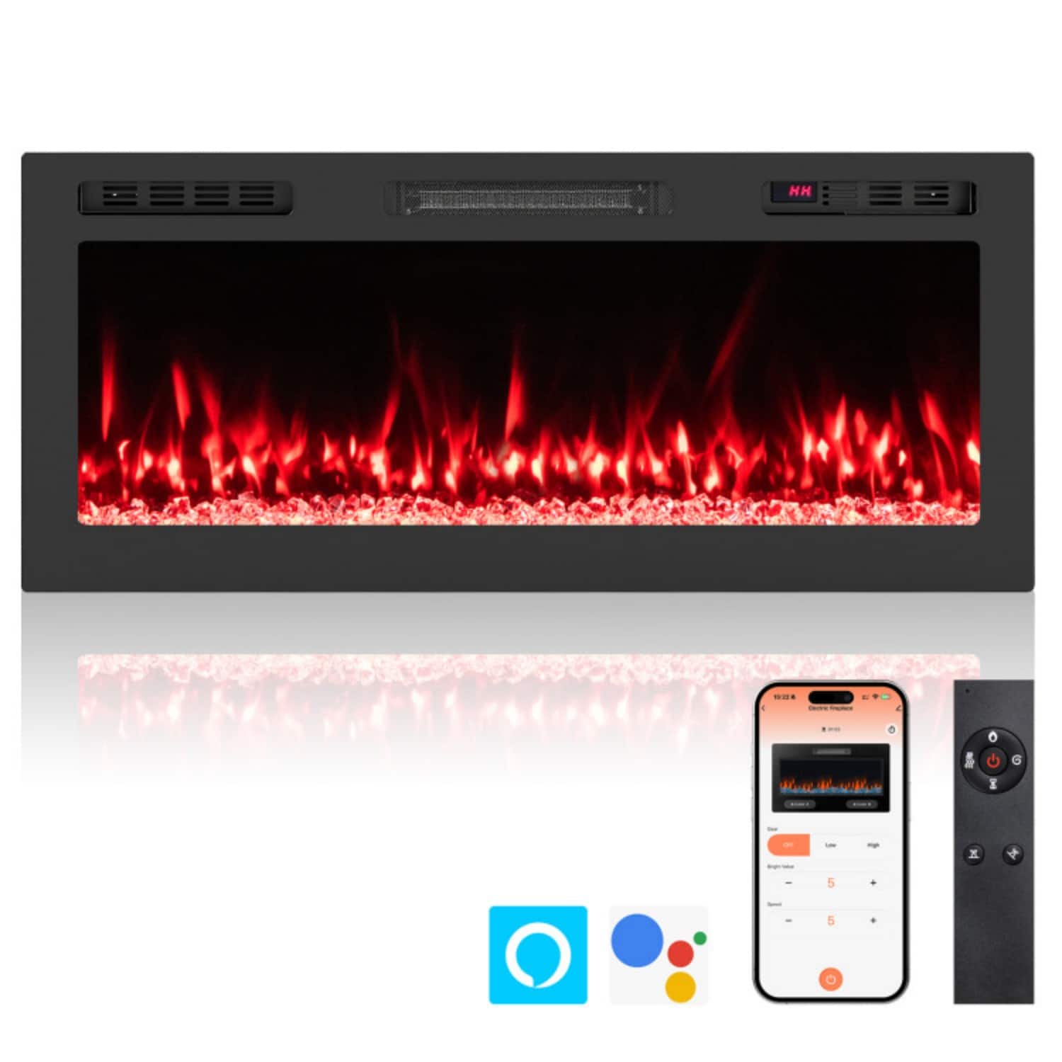 LUCKY ONE - 42 Inch Smart WiFi Wall Mounted/Recessed Electric Fireplace with 12 Colors - Black
