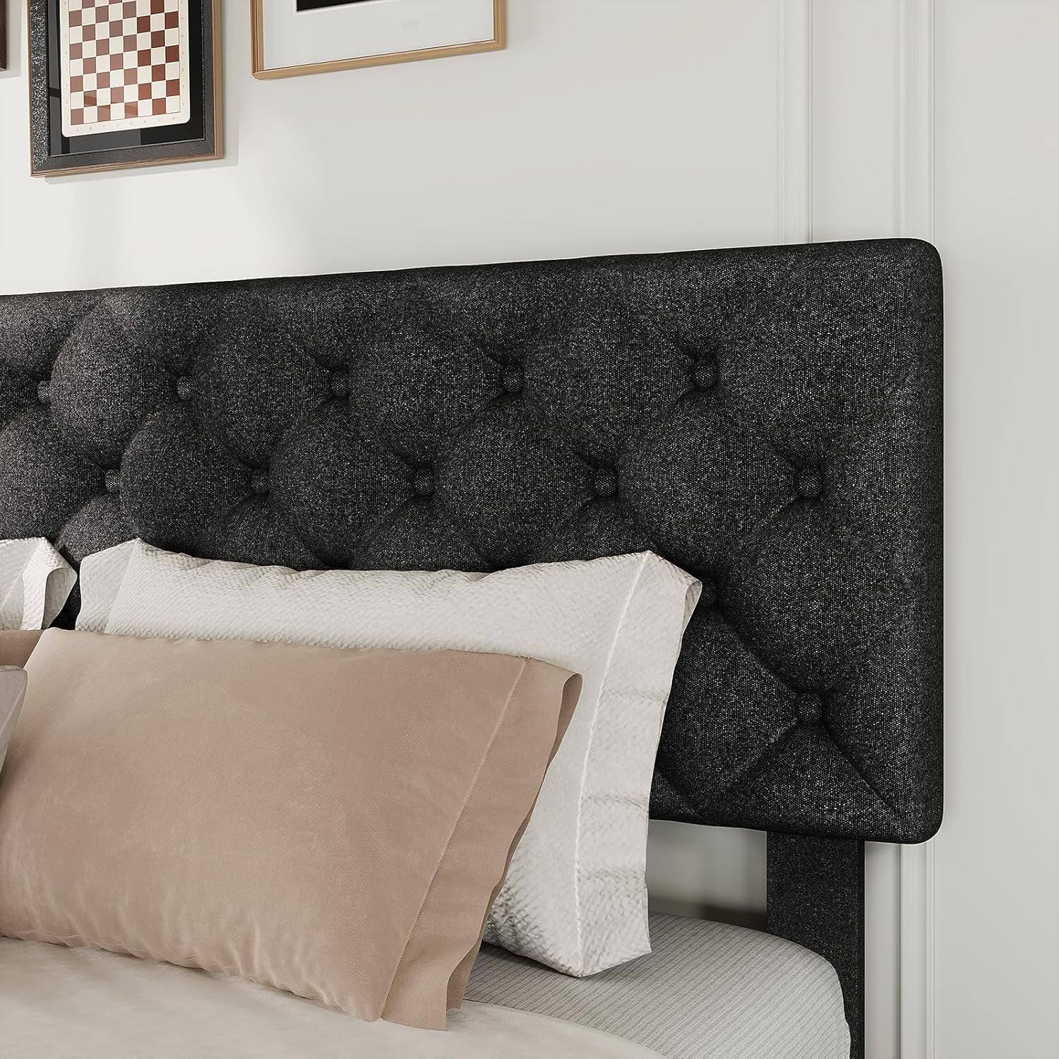 Alt View 4. Jojoka - King Bed Frame with 4 Storage Drawers, Adjustable Headboard, Black, Space-Saving & Sturdy - Black.