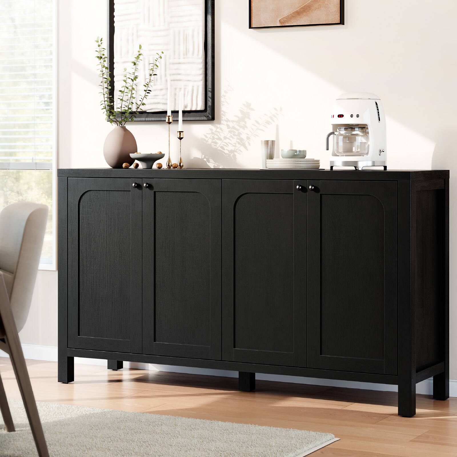 Back. Sugift - 55" Black Sideboard Buffet Cabinet Modern Storage Credenza with Doors Heavy Duty Wood Media Console - Black.