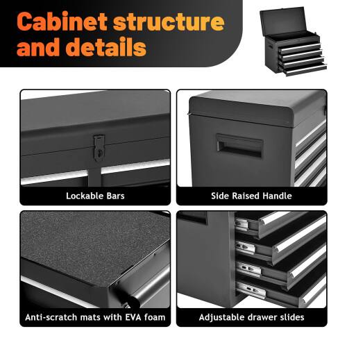 Cabinet structure and details

- Lockable Bars
- Side Raised Handle
- Anti-scratch mats with EVA foam
- Adjustable drawer slides