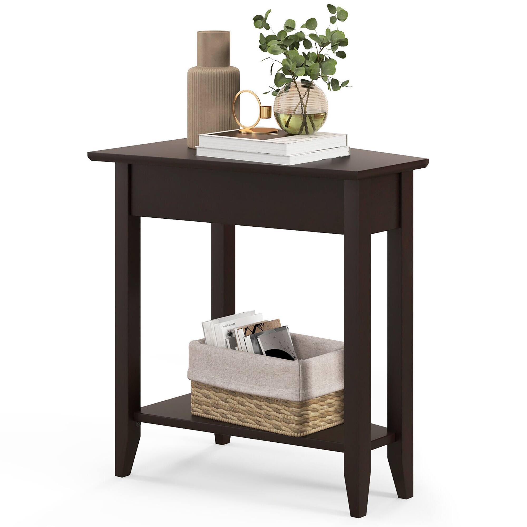 Gymax - 2-Tier End Table Irregular Narrow Sofa Side Nightstand w/ Storage Shelf - Espresso