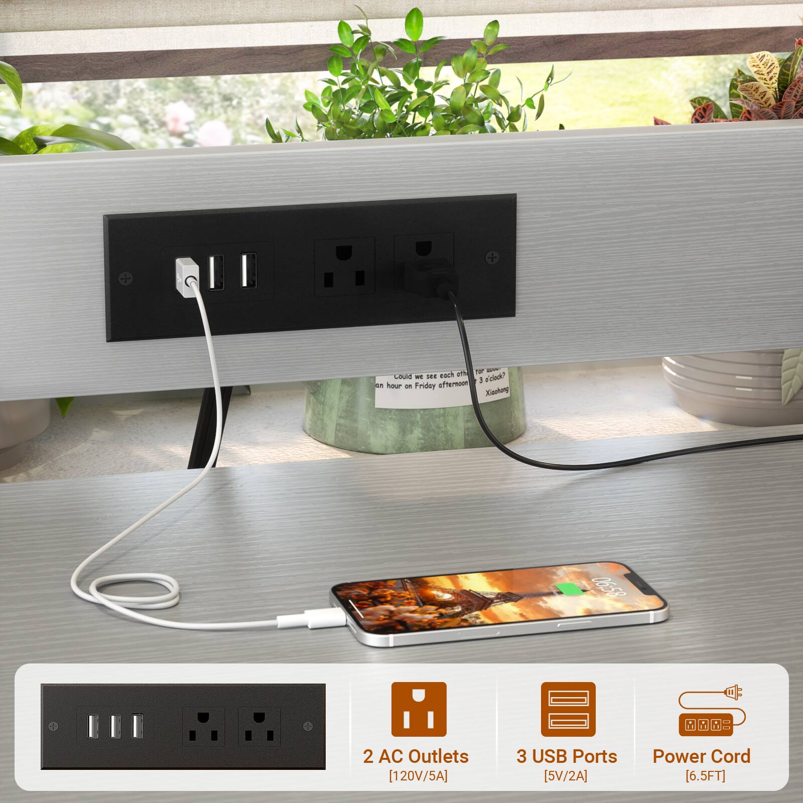 + Tor a Lauid - 1. E each u% a'clock? 1 an hour Oe Fridey afternoon Xianhong 06-53  
2 AC Outlets [120V/5A]  
3 USB Ports [5V/2A]  
Power Cord [6.5FT]