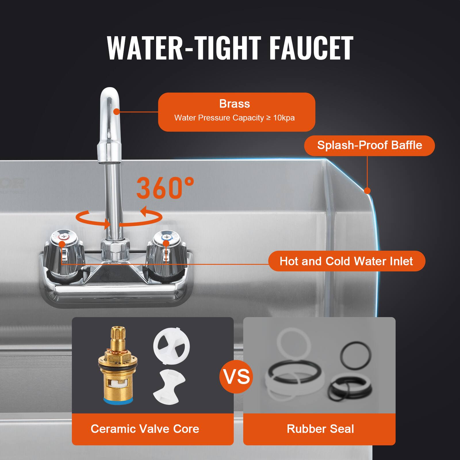 WATER-TIGHT FAUCET

- Brass
  - Water Pressure Capacity ≥ 10kpa
- Splash-Proof Baffle
- 360°
- Hot and Cold Water Inlet

VS

- Ceramic Valve Core
- Rubber Seal