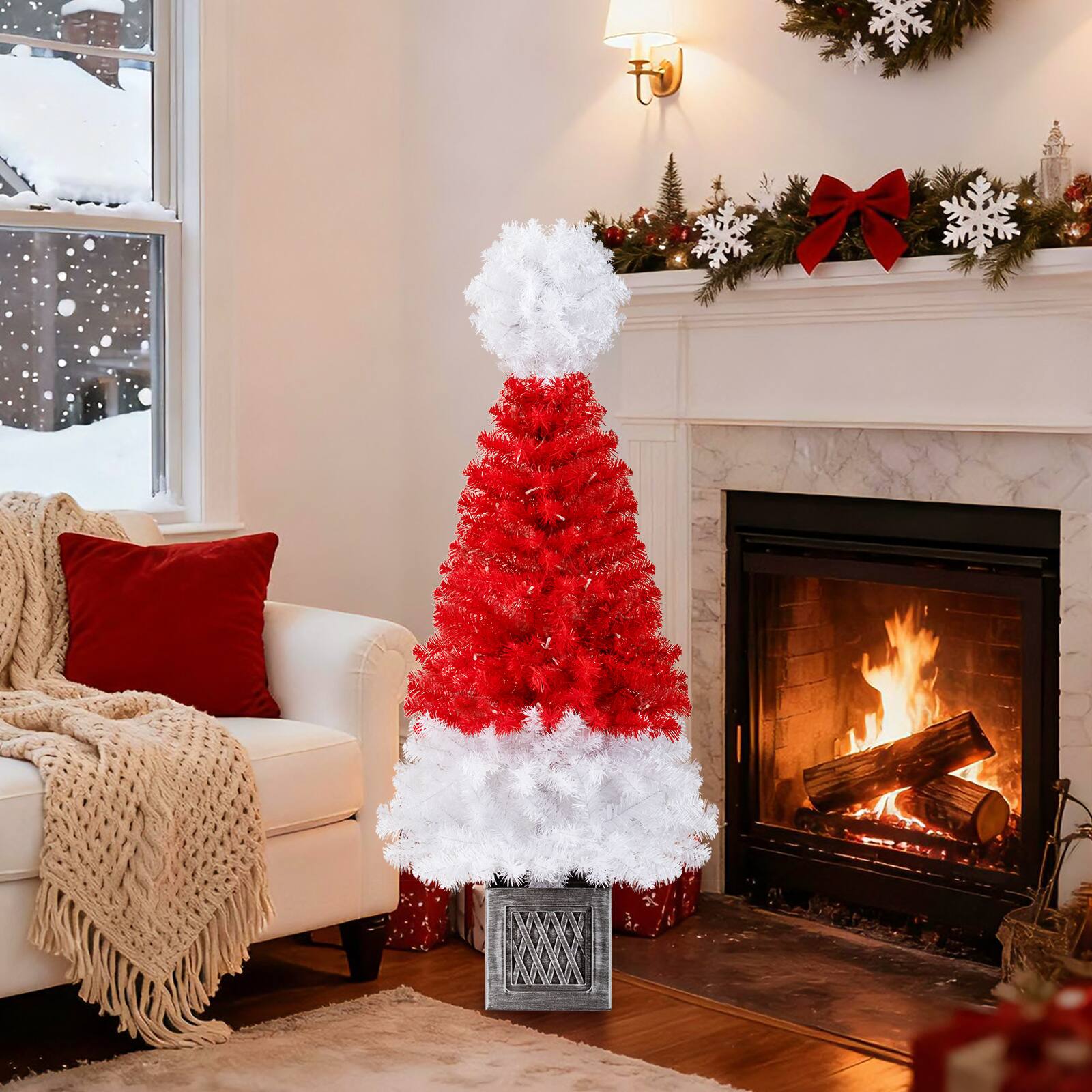 Alt View 3. Gymax - Gymax 4 FT Artificial Christmas Tree Santa Hat Xmas Tree w/ 300 Branch Tips White & Red - White.