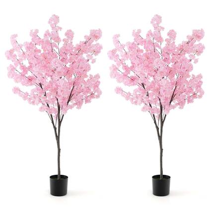 Front. Costway - Costway 6.5 FT 2 PCS Tall Artificial Cherry Blossom Tree with 900 Pink Flowers Cement-filled - Pink.