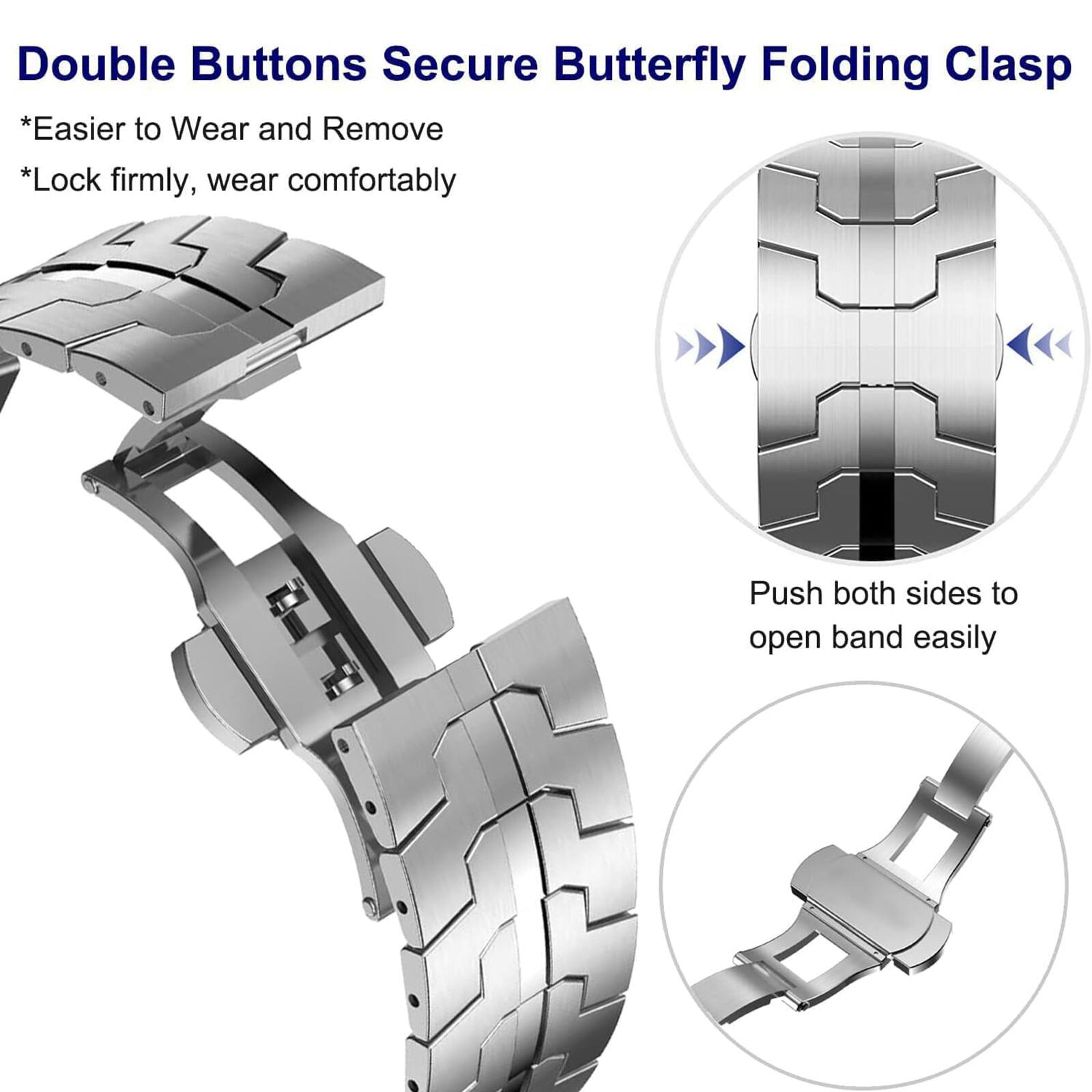 Double Buttons Secure Butterfly Folding Clasp  
*Easier to Wear and Remove  
*Lock firmly, wear comfortably  

Push both sides to open band easily